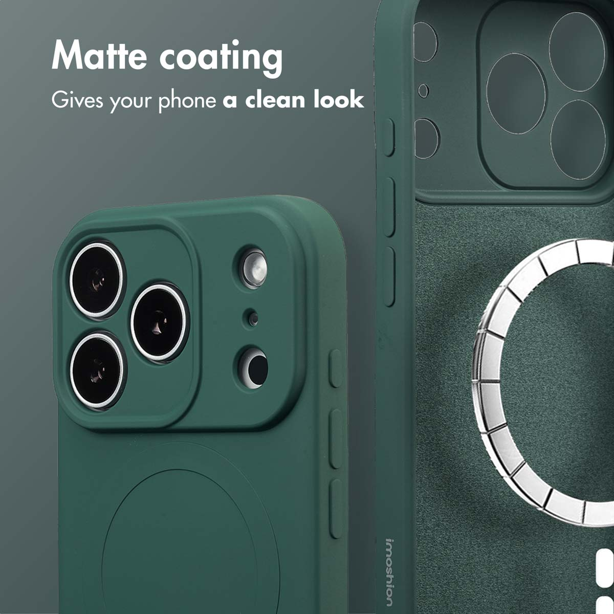 Coque de smartphone vert foncé avec revêtement mat et anneau magnétique.