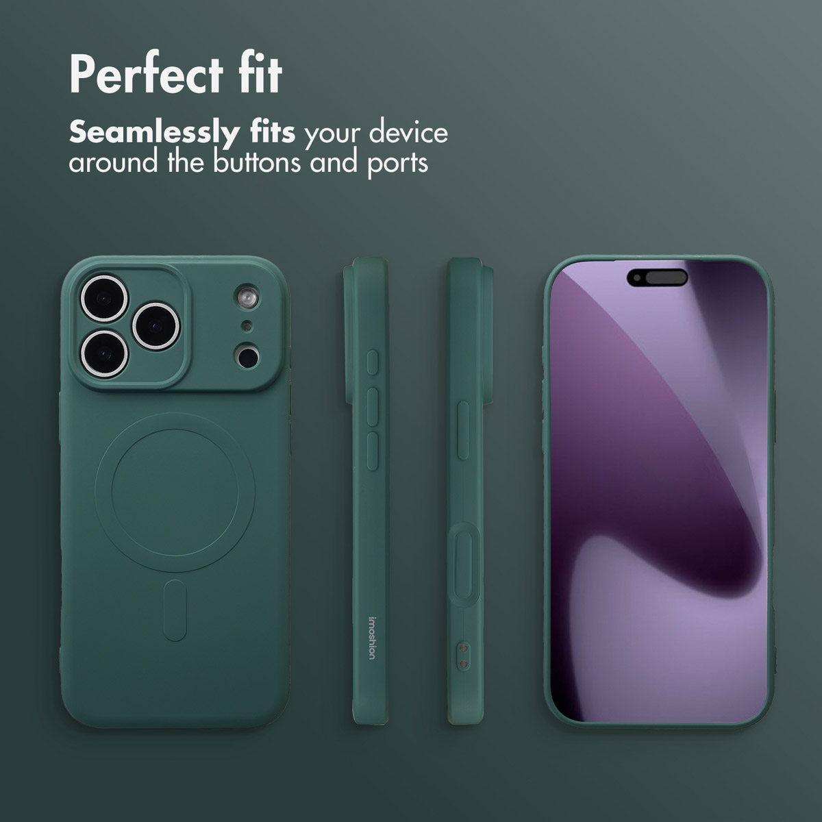 Coque de téléphone vert foncé sous quatre angles avec le texte "Perfect fit" sur fond.