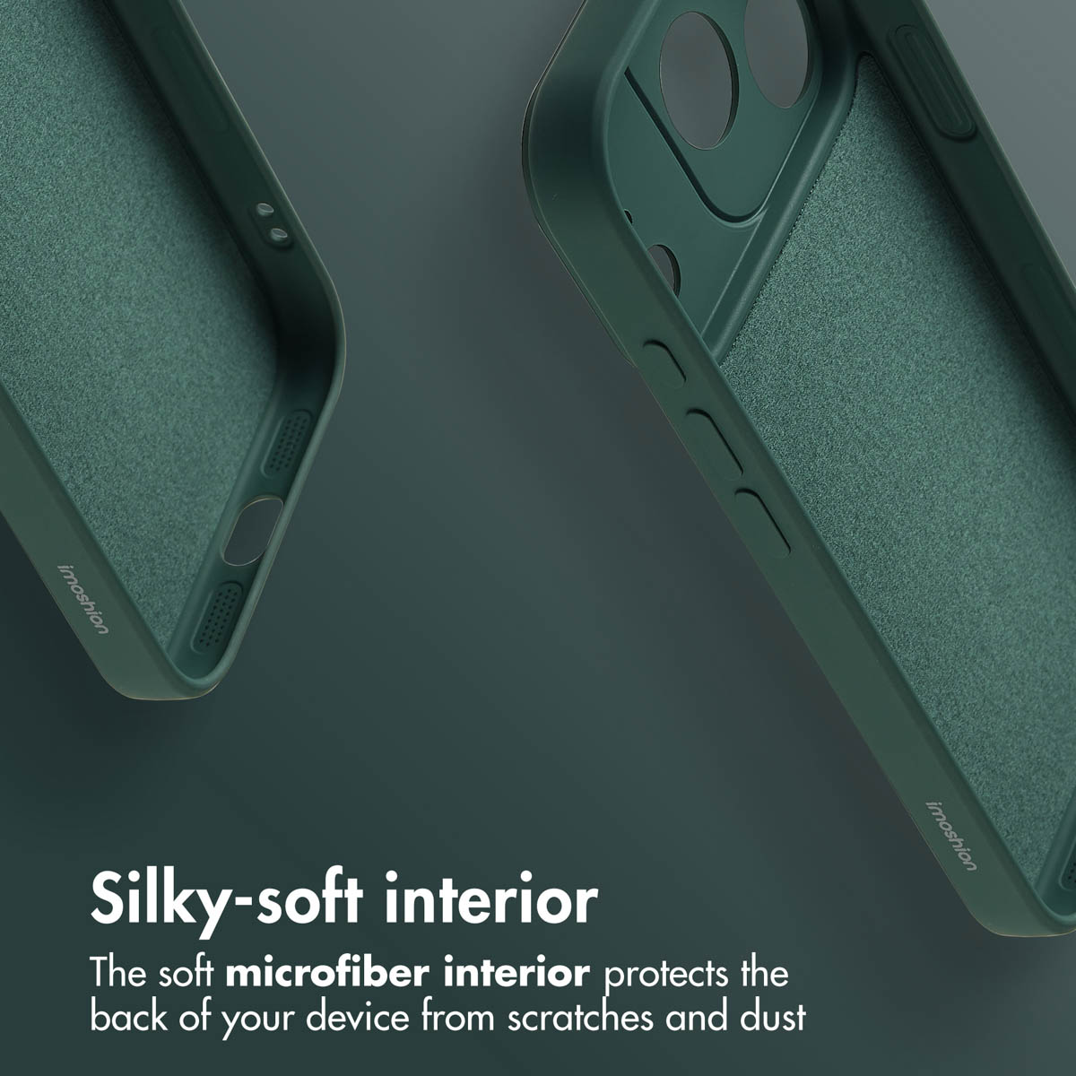 Coque de smartphone vert foncé avec intérieur en microfibre douce et texte.