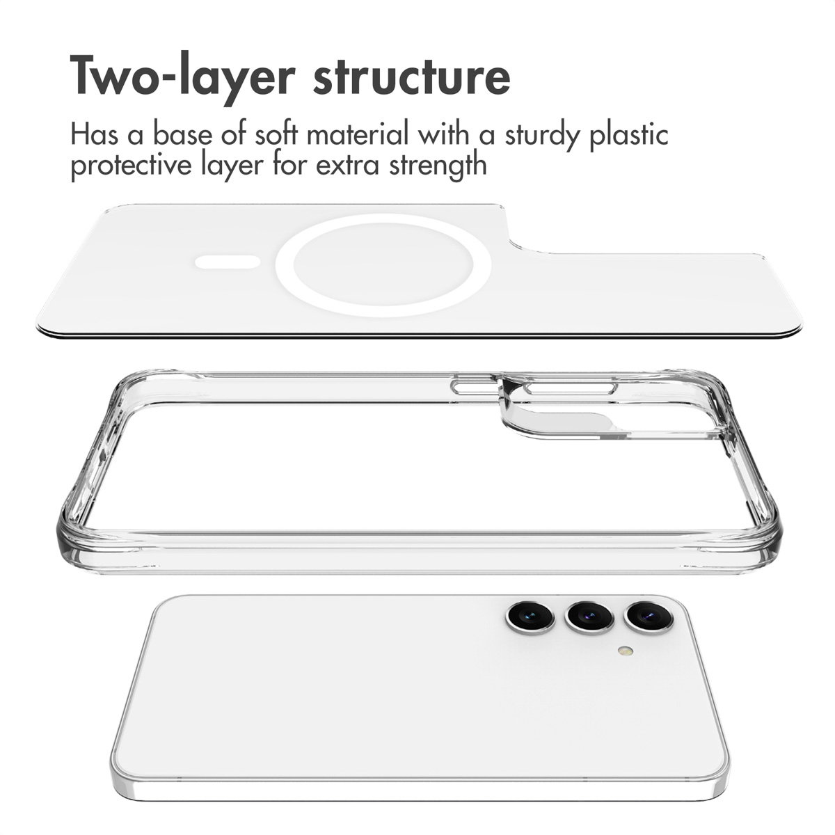 Le diagramme montre une coque à deux couches avec couche protectrice et base souple sur un téléphone.