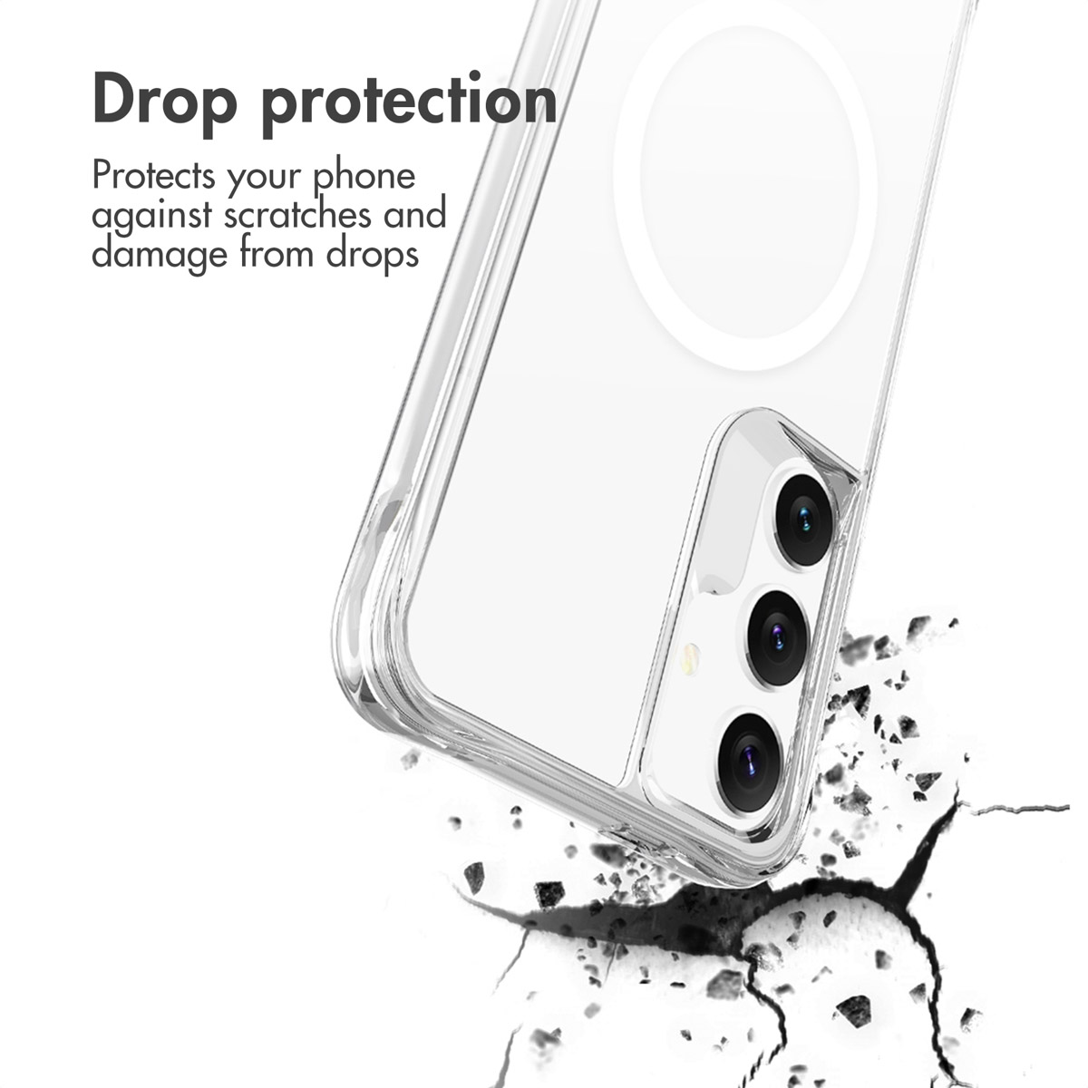 Coque de téléphone transparente avec triple appareil photo sur une surface fissurée, avec du texte.