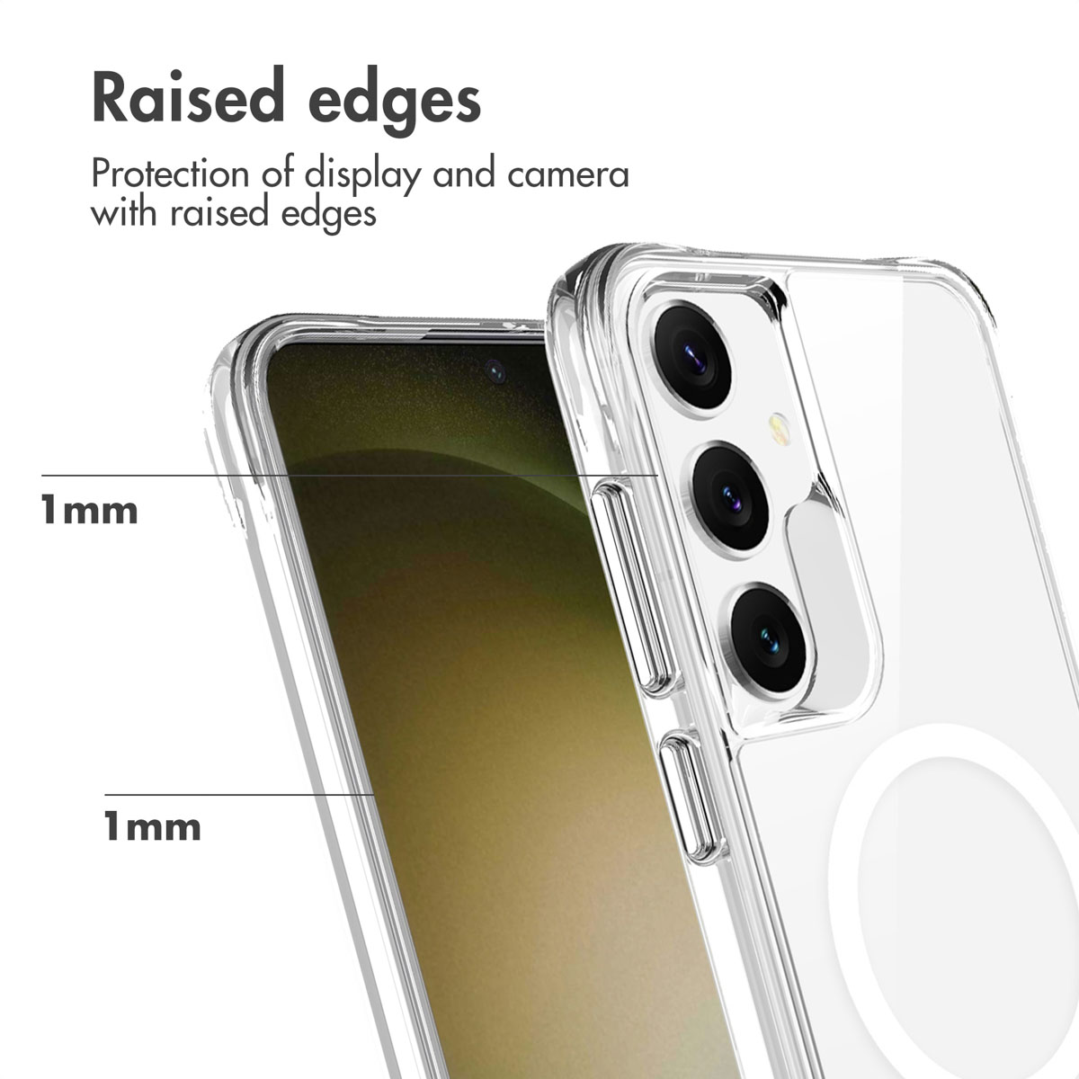 Coque de téléphone transparente avec des bords surélevés de 1 mm pour protéger l'écran et l'appareil photo.