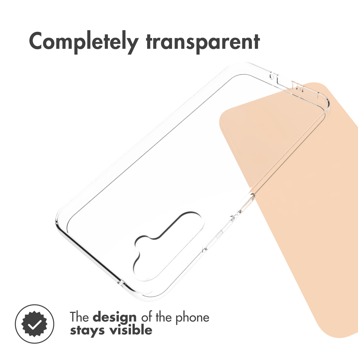 Eine klare, transparente Handyschutzhülle liegt vor einem beigen Hintergrund, Text sagt komplett transparent.