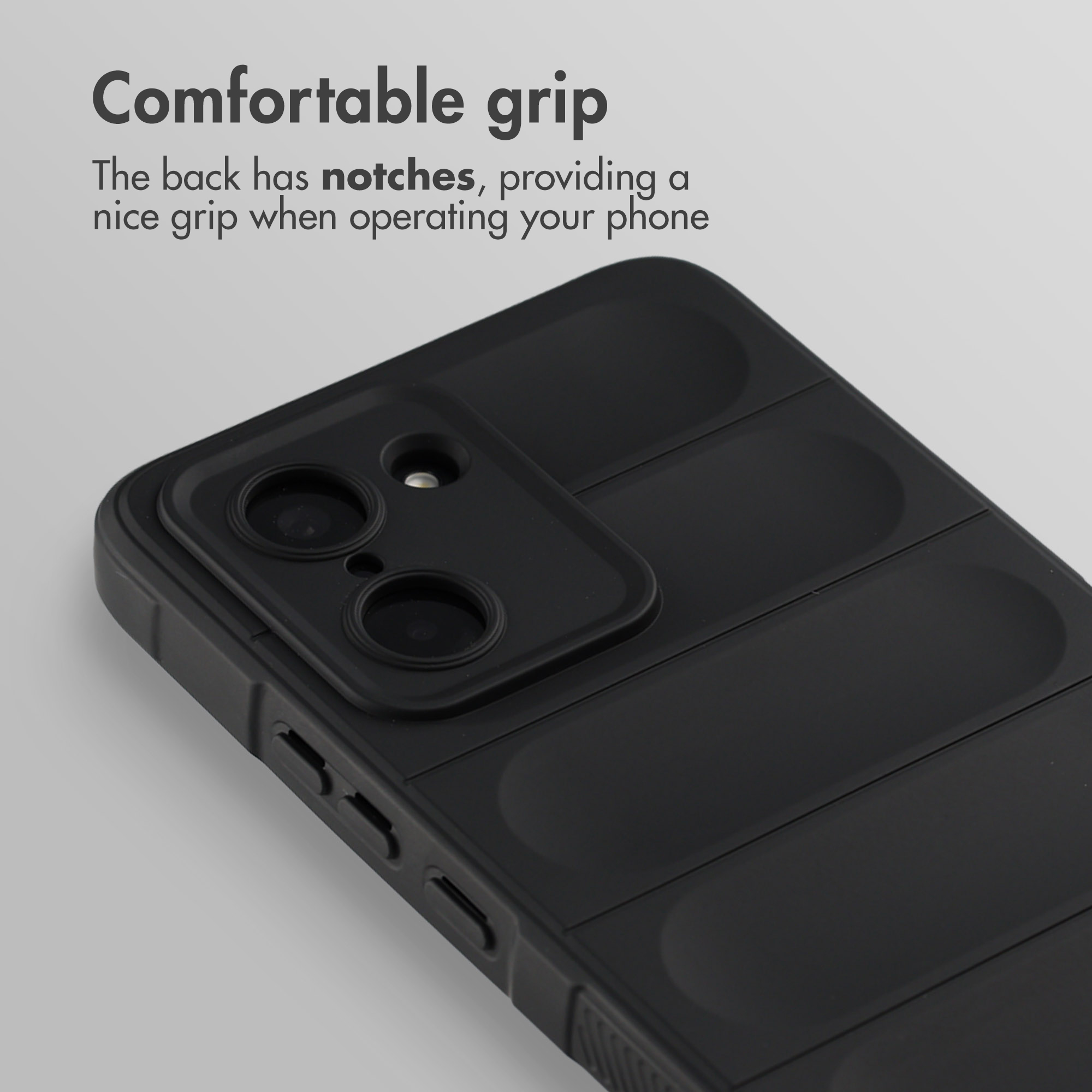 Zwarte telefoonhoes met geribbelde achterkant voor een goede grip.