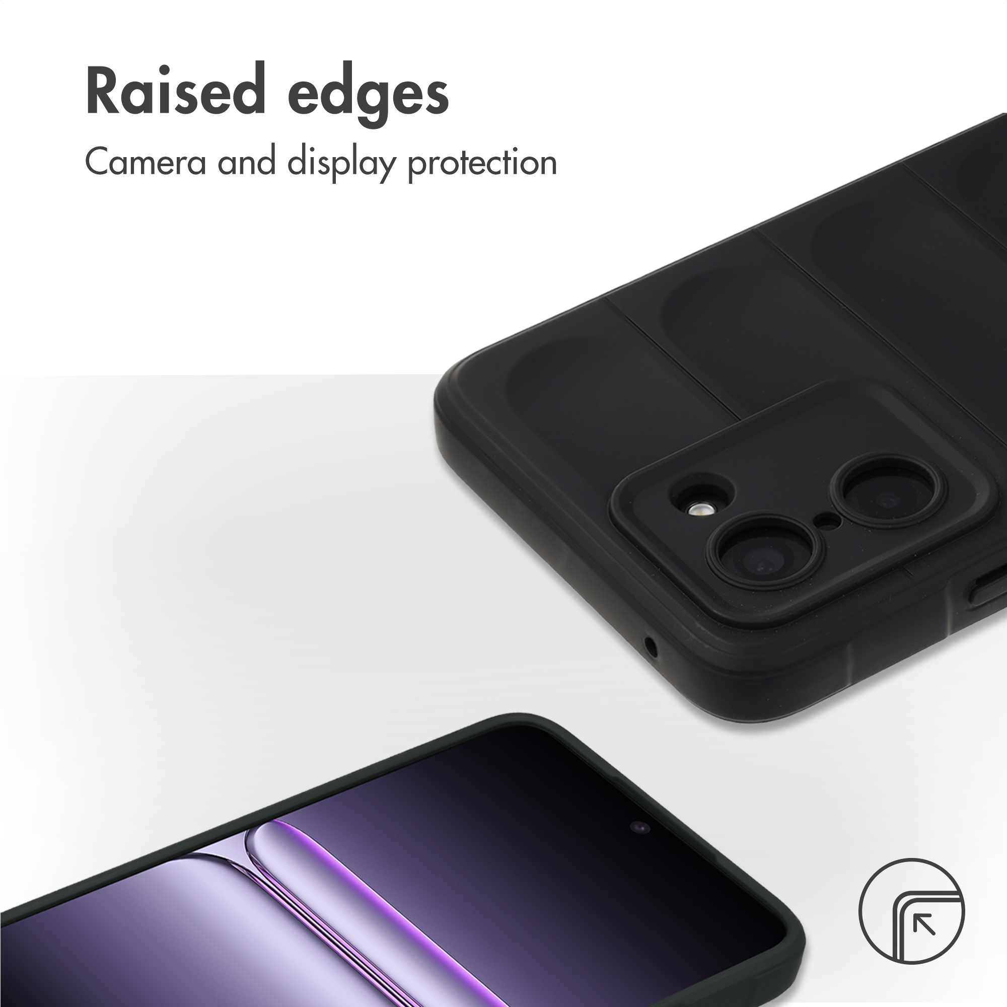 Verhoogde randen bieden camera- en displaybescherming voor een zwarte smartphone in een hoesje.