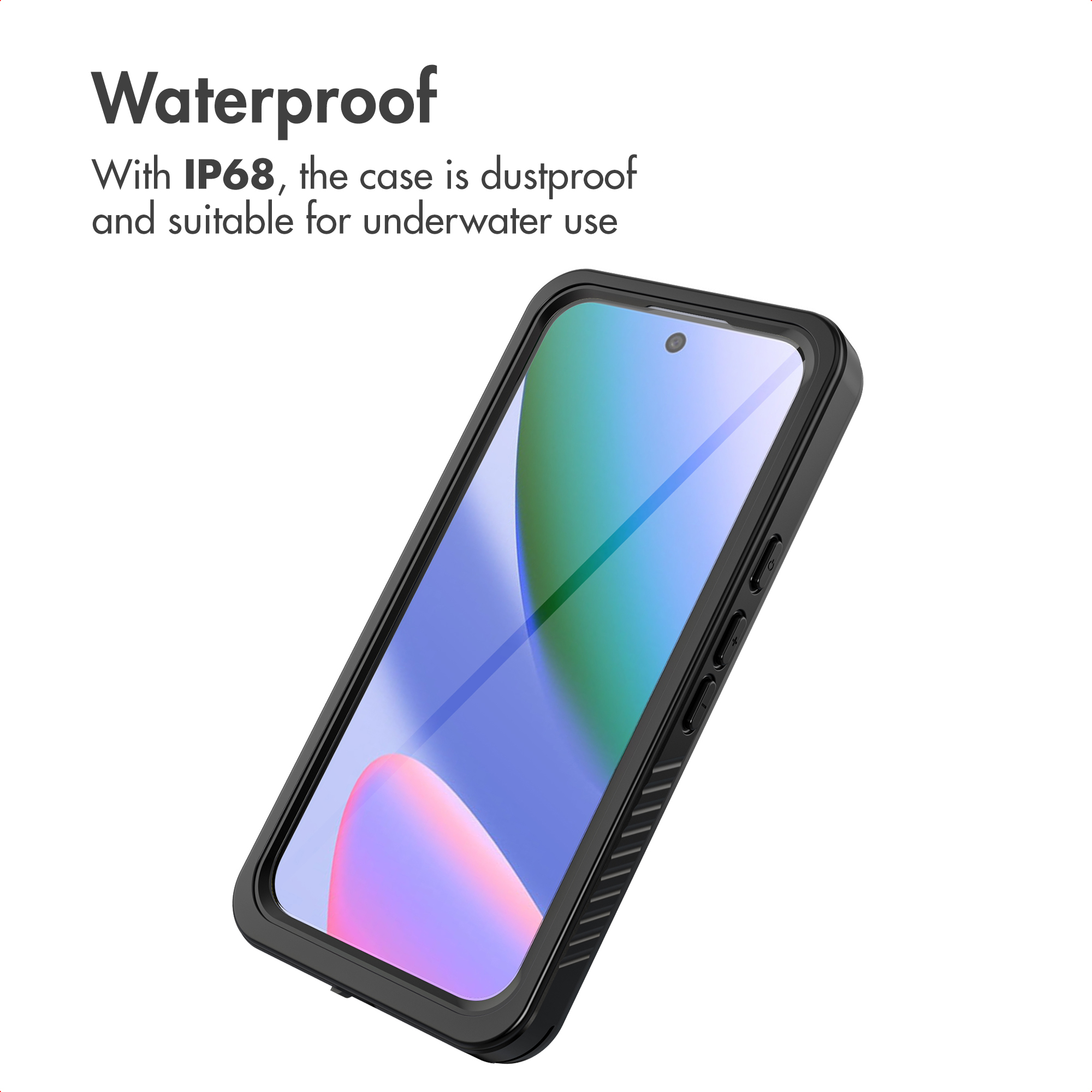 Uno smartphone nero in una custodia protettiva impermeabile su sfondo bianco con testo.