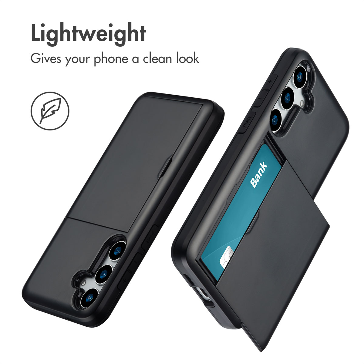 Leichte schwarze Smartphone-Hülle mit Kartenfach auf der Rückseite, ein blaues Bankkarten ist sichtbar.