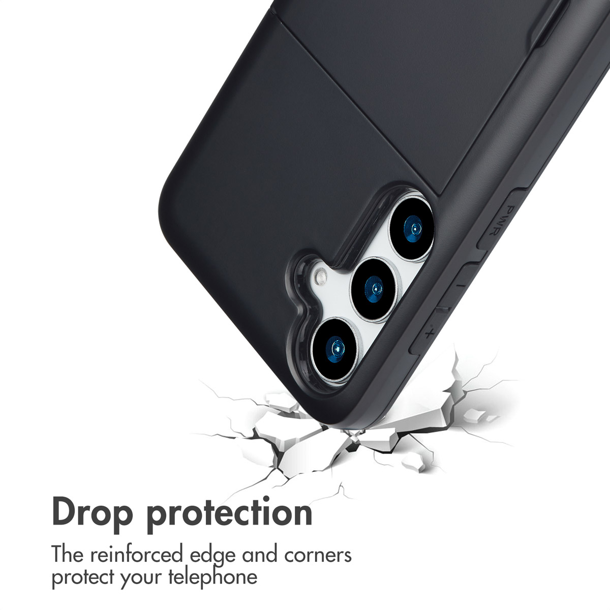 Eine schwarze Handyhülle mit Kartenfach über einer rissigen weißen Oberfläche. Text: Drop protection.