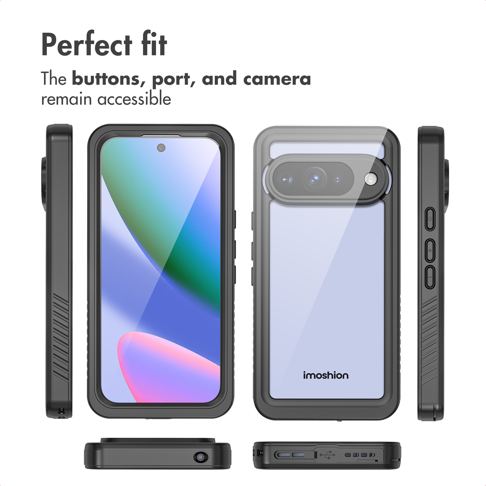 Quattro viste di una custodia per cellulare nera che mostrano schermo, retro, pulsanti e porte con il testo Perfetta aderenza.