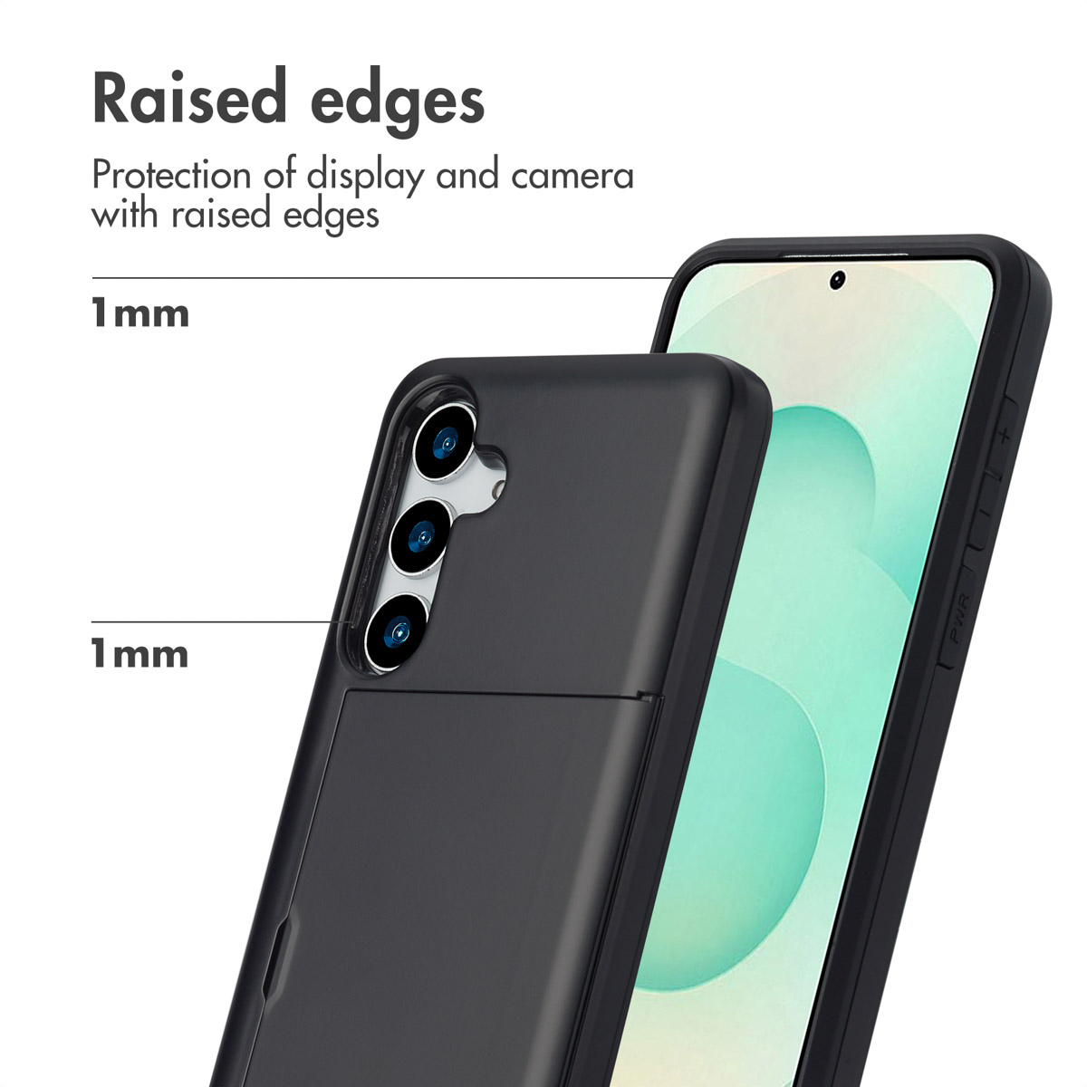 Eine schwarze Handytasche mit 1 mm erhöhten Kanten zum Display- und Kameraschutz.