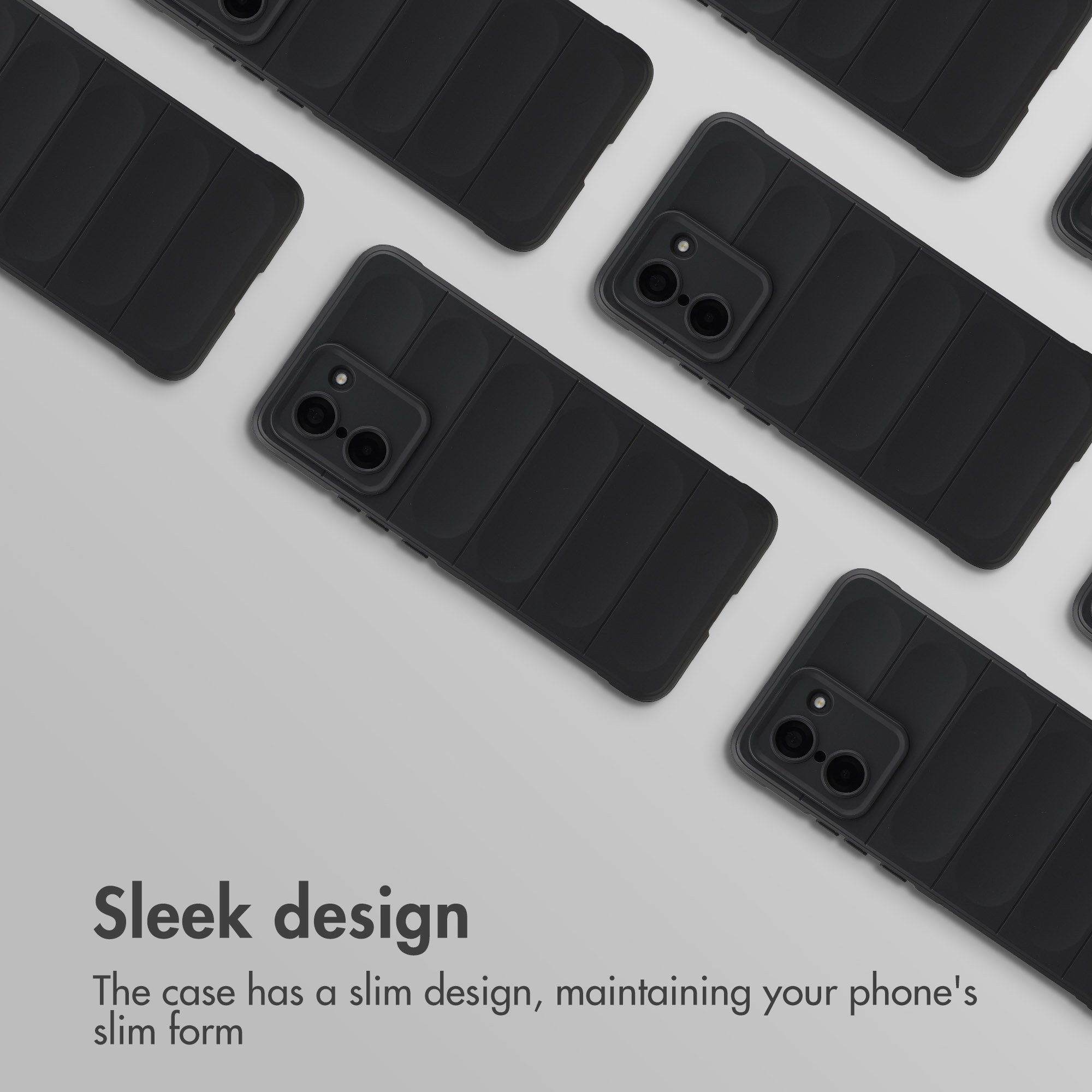 Meerdere zwarte telefoonhoesjes met strak design gerangschikt op een lichte achtergrond.