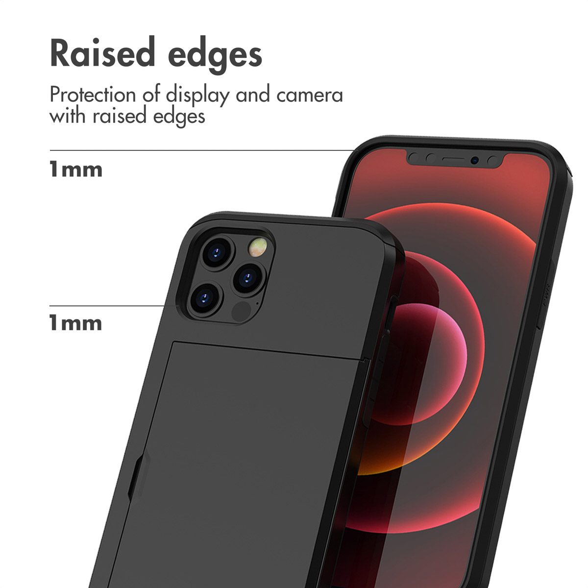 Schwarze Handyhülle mit 1 mm erhöhten Rändern zum Schutz von Display und Kamera.