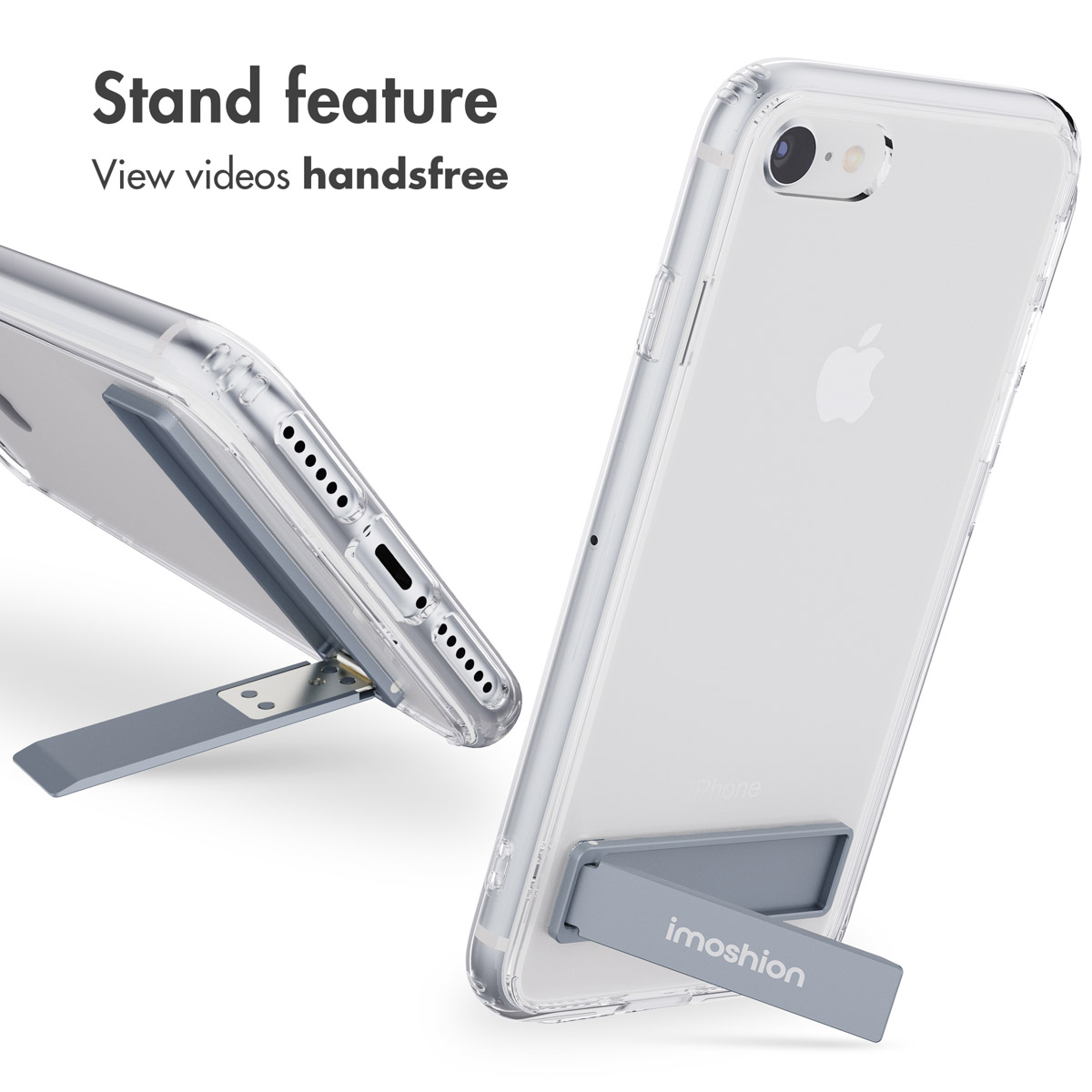Funda transparente para teléfono con soporte gris integrado para ver videos sin manos.