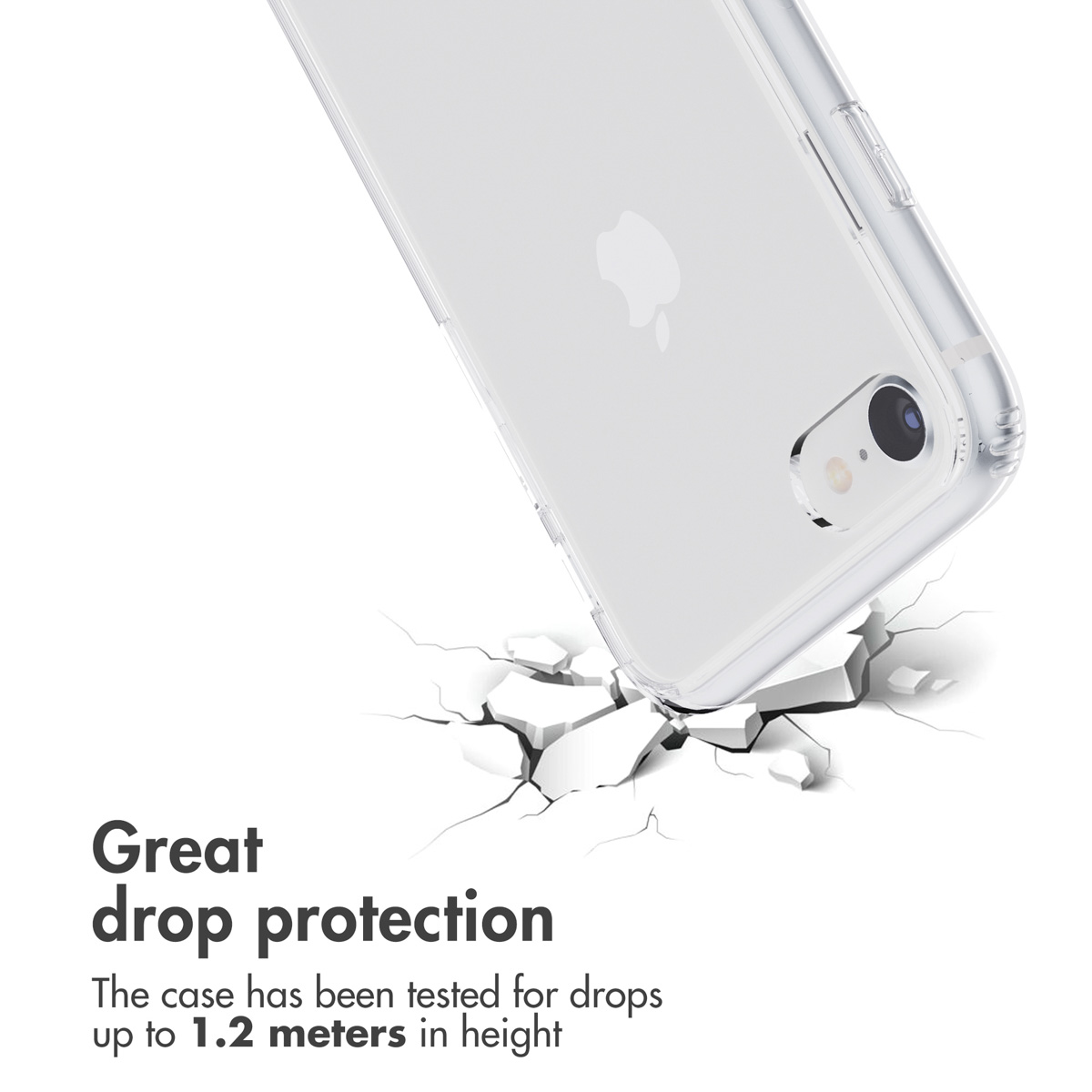 Funda protectora transparente en un iPhone sobre suelo blanco agrietado con texto de protección contra caídas.