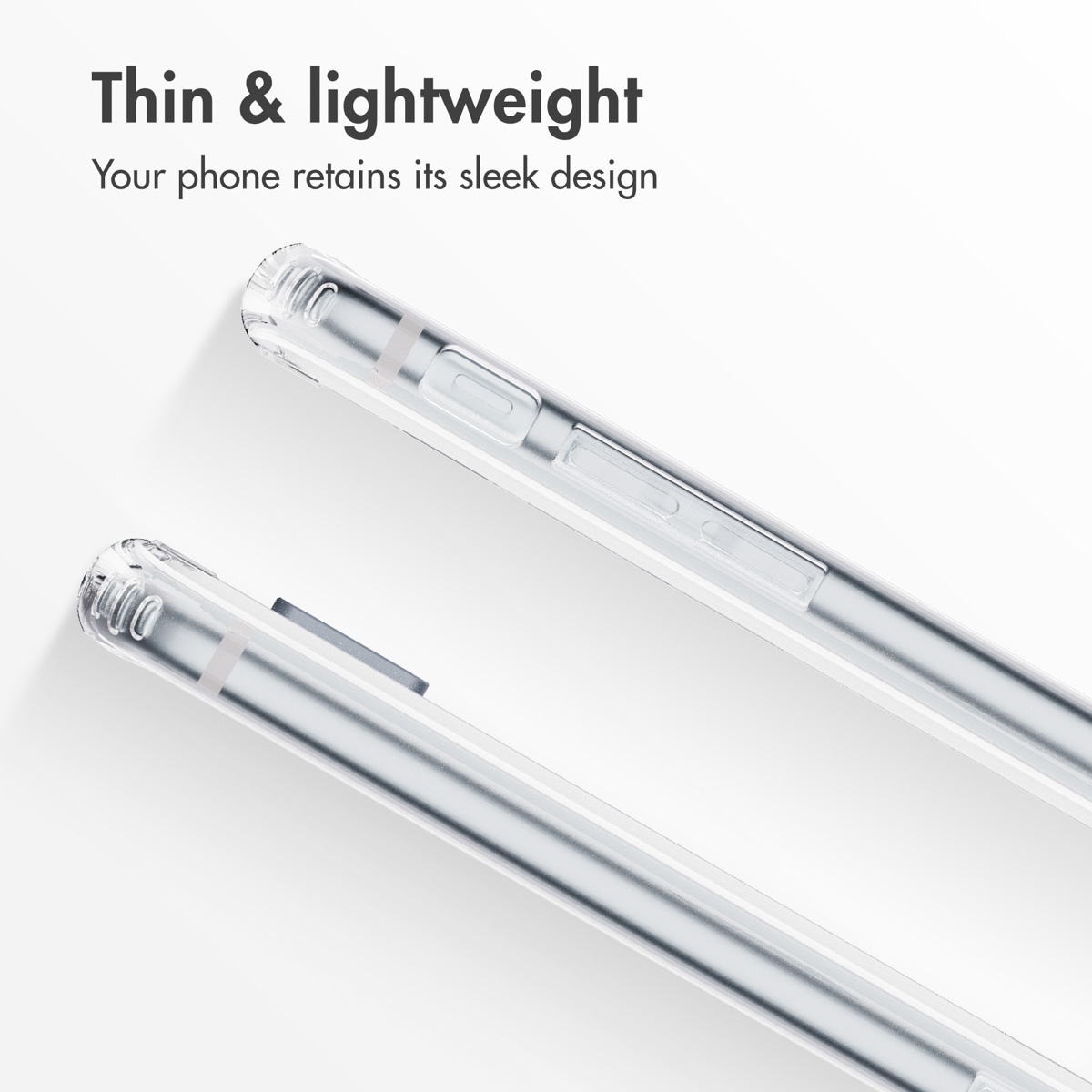 Fundas finas y transparentes en dos smartphones, texto arriba.