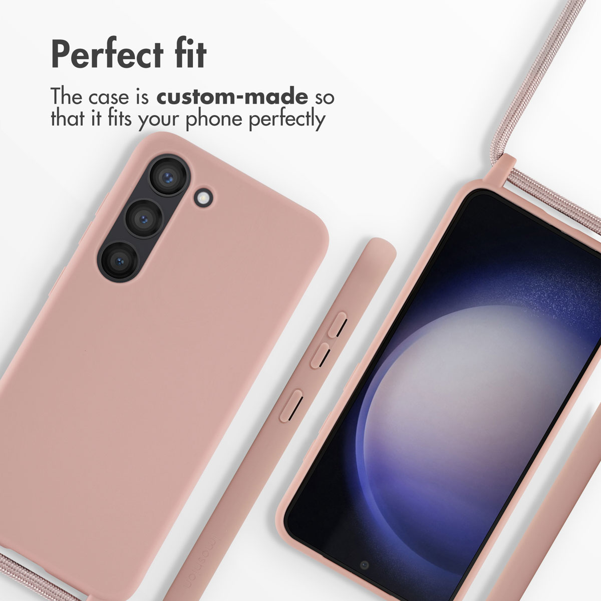Custodia rosa per smartphone con cordino e testo "Perfect fit".
