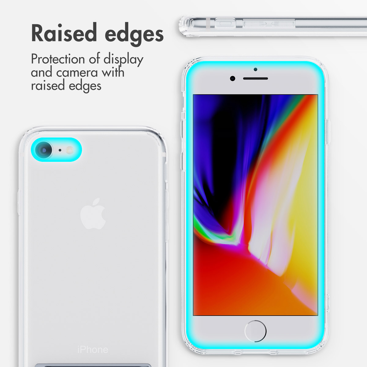 Funda transparente que destaca los bordes elevados para proteger la pantalla y la cámara.