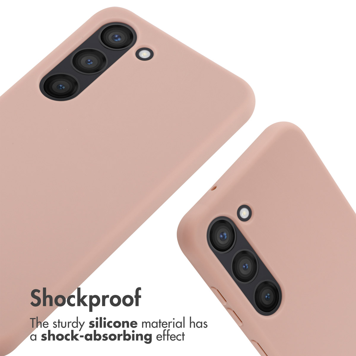 Due cover in silicone rosa mostrano obiettivi di fotocamera e testo antiurto.