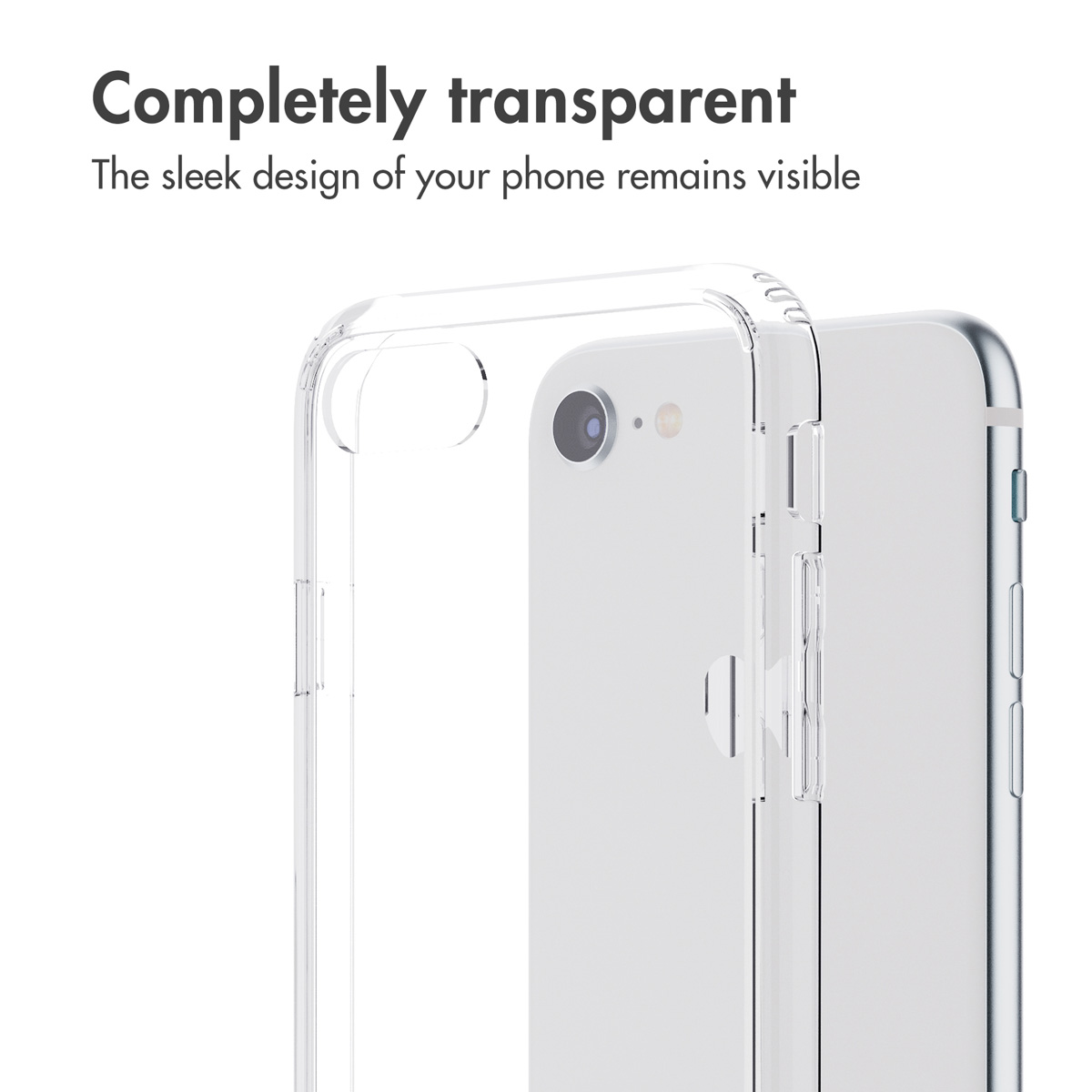 Una funda de móvil transparente mostrada sobre un smartphone moderno que muestra la cámara trasera.