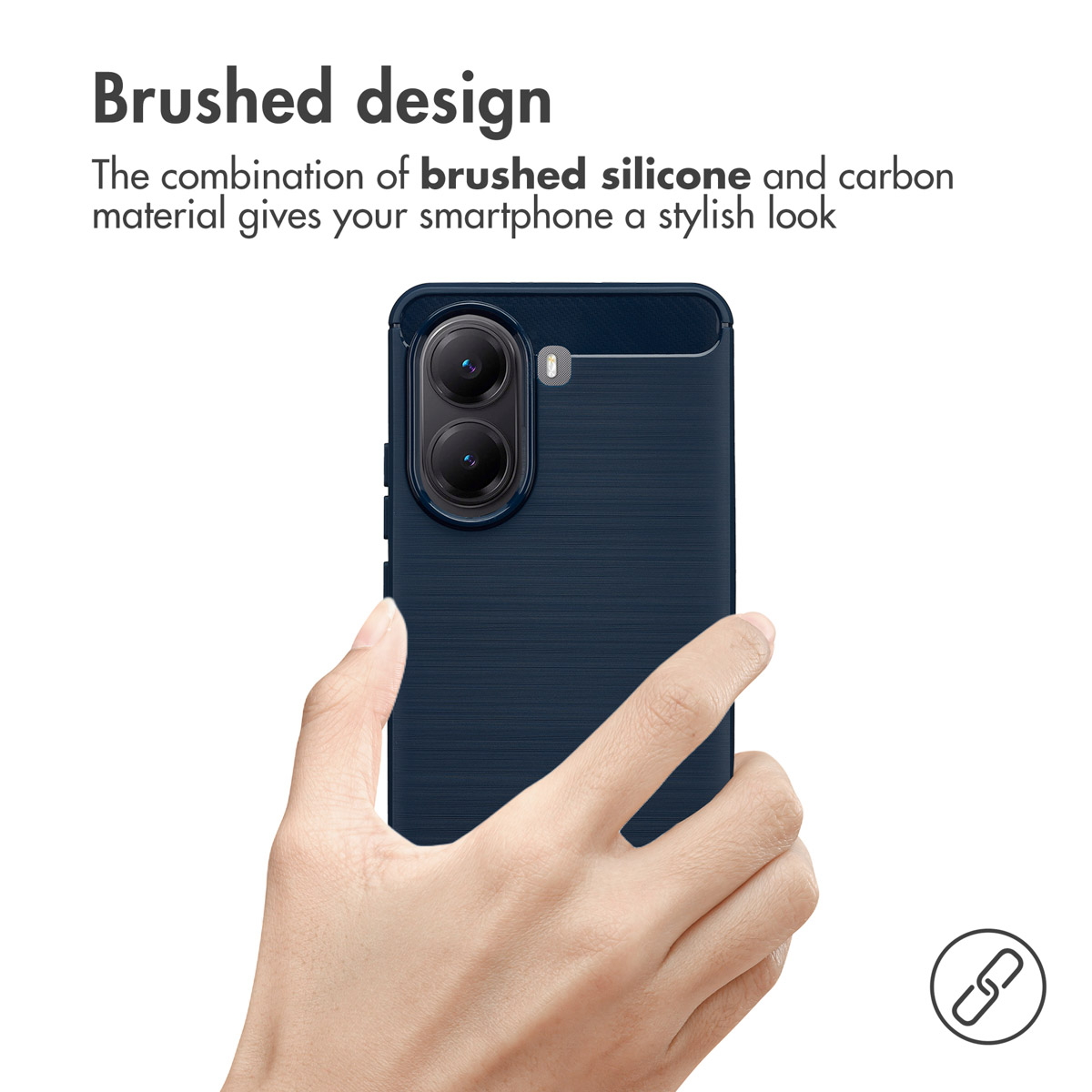 Mano che tiene uno smartphone blu scuro con design spazzolato.