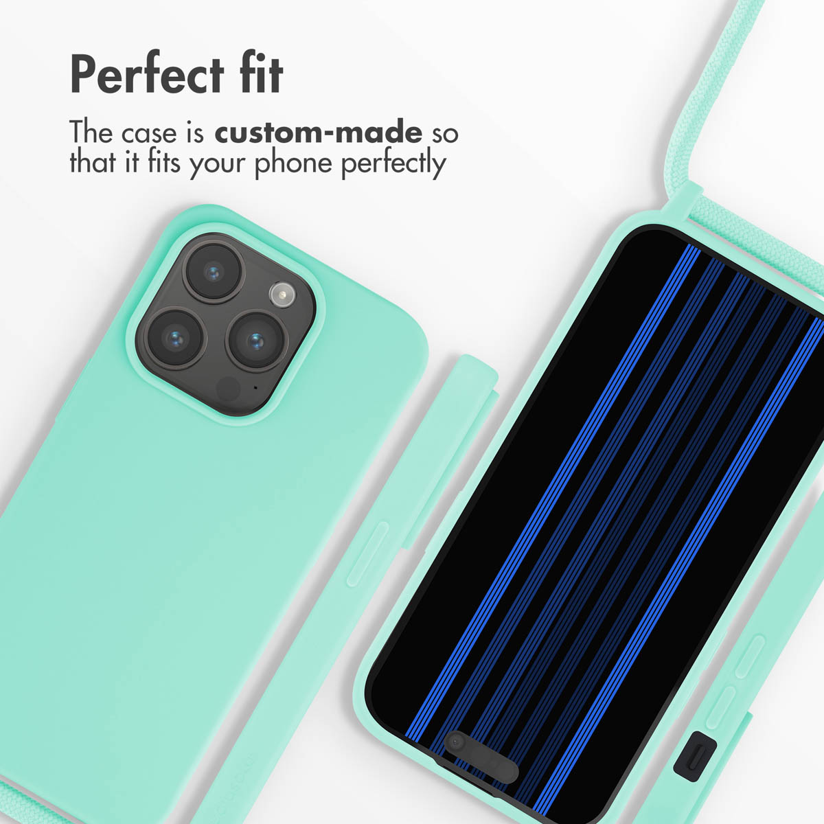 Una funda para teléfono verde menta con correa, que muestra un ajuste perfecto.
