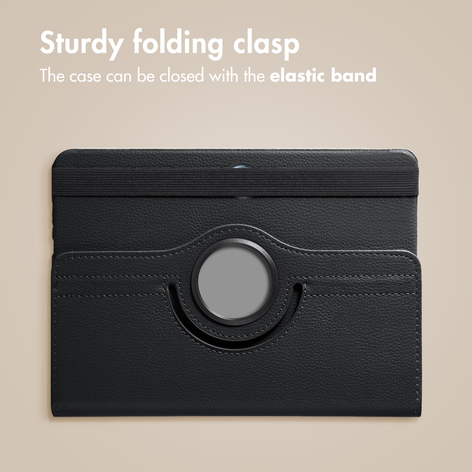 Black tablet case with elastic band and round mount on a beige background.