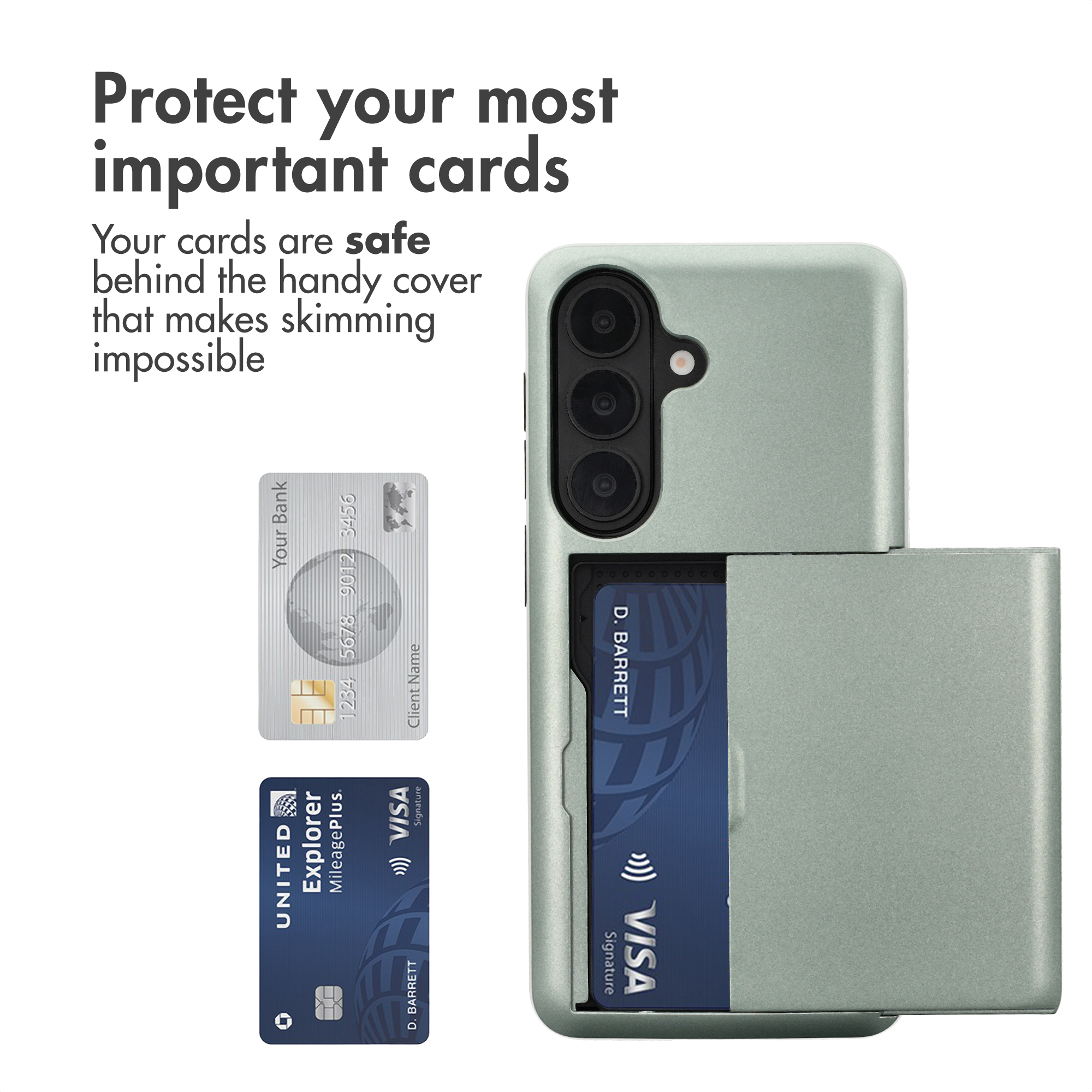 Smartphone verde con tarjetero integrado en la parte trasera que muestra tarjetas de crédito y texto.