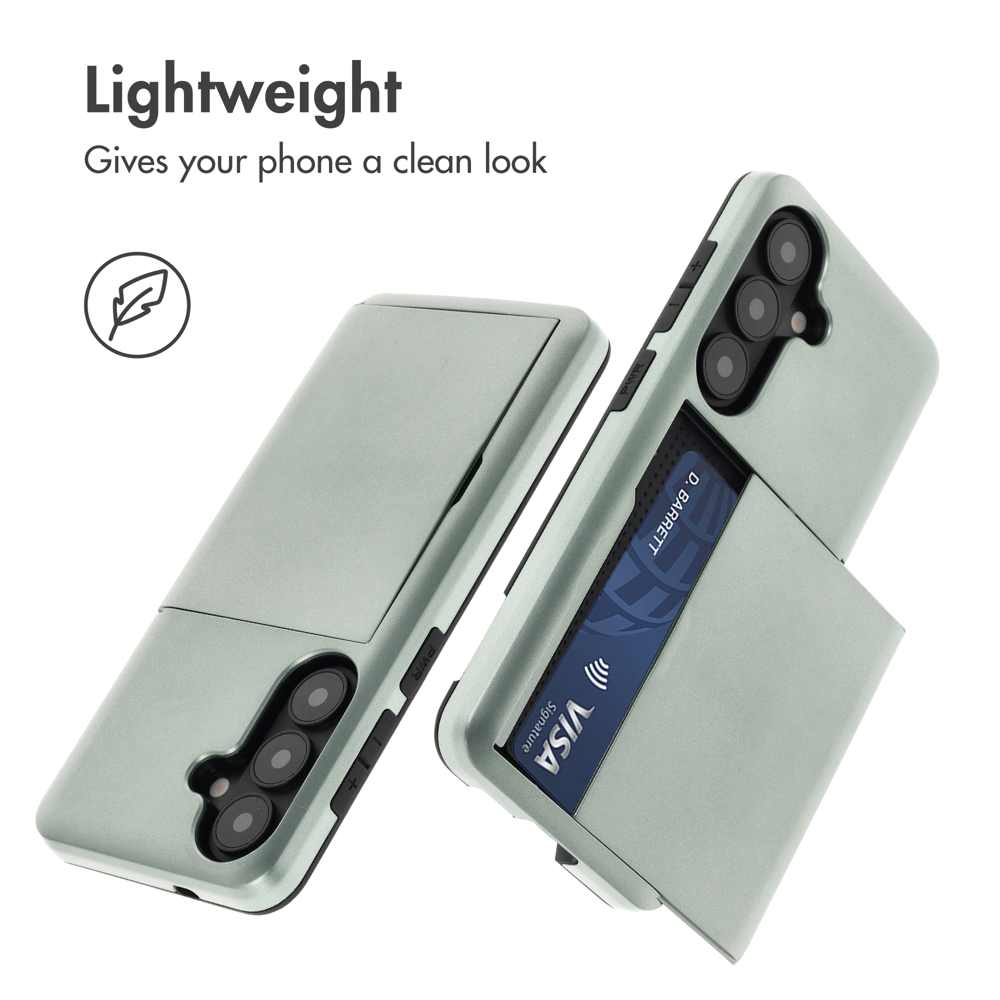 Dos fundas para smartphone verde claro con tarjetero integrado sobre fondo blanco, una con tarjeta de crédito.