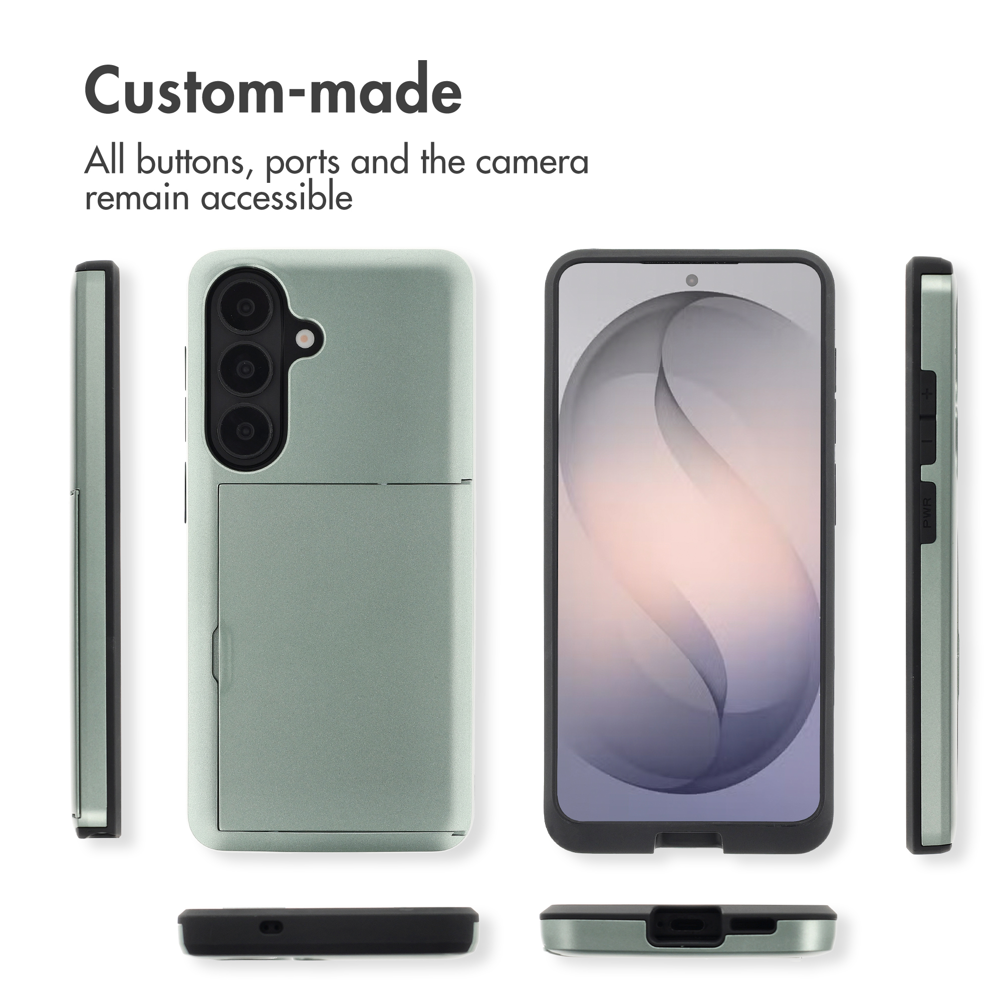 Varias vistas de una funda de smartphone verde claro con tarjetero y botones accesibles.
