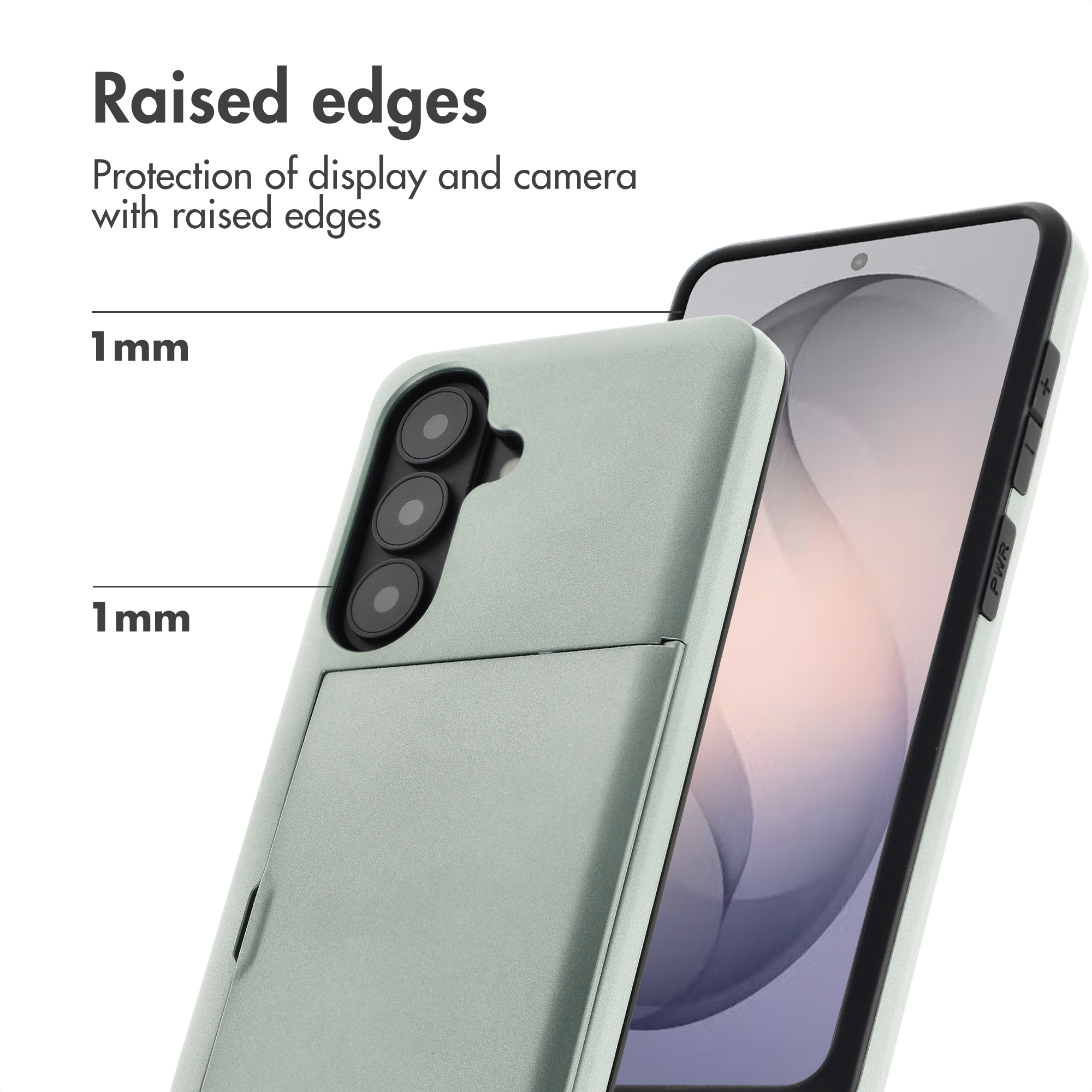 Smartphone en funda verde claro con bordes elevados para proteger pantalla y cámara por 1mm.