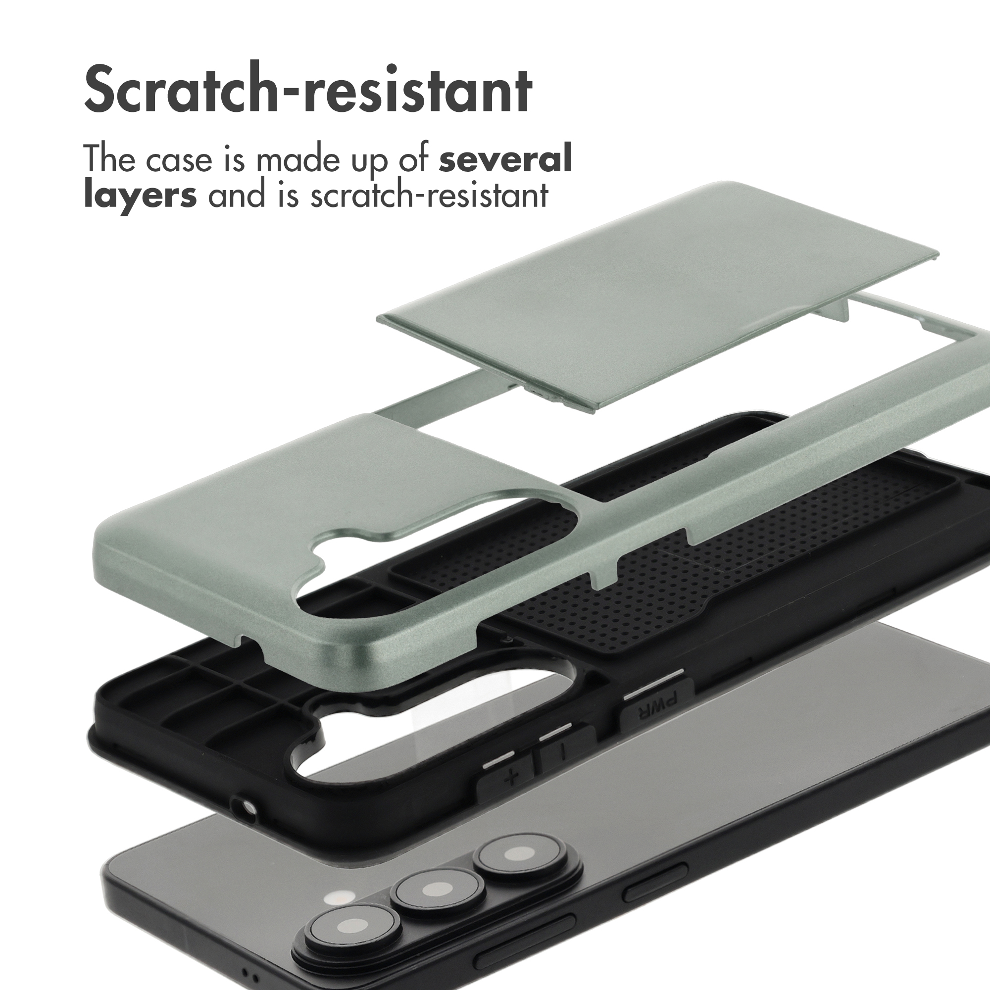 Vista despiezada de una funda de móvil multicapa y resistente a los arañazos sobre un smartphone.