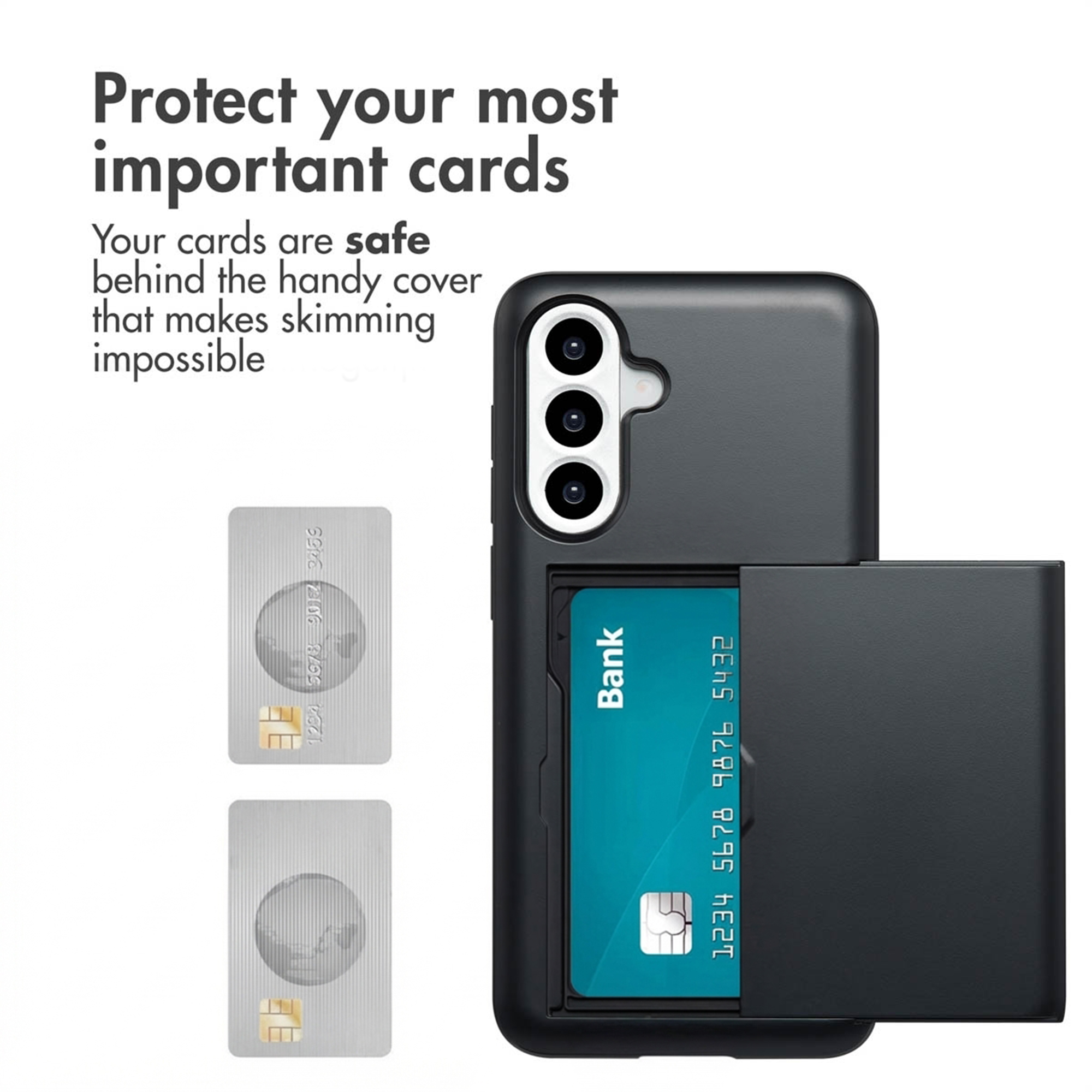 Une coque de téléphone noire avec porte-cartes intégré et texte sur la protection.