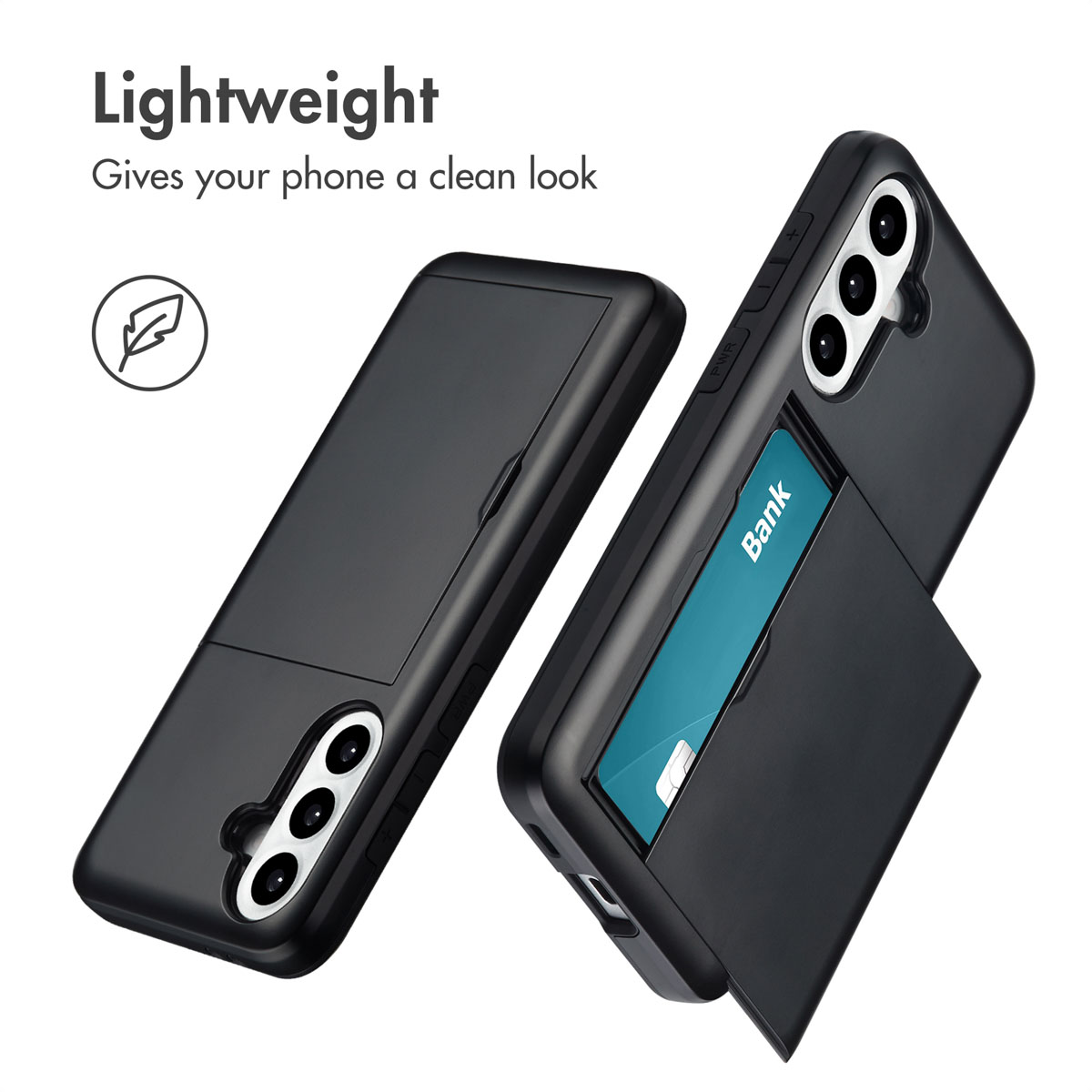 Deux coques de téléphone noires sous différents angles, l'une avec une carte.