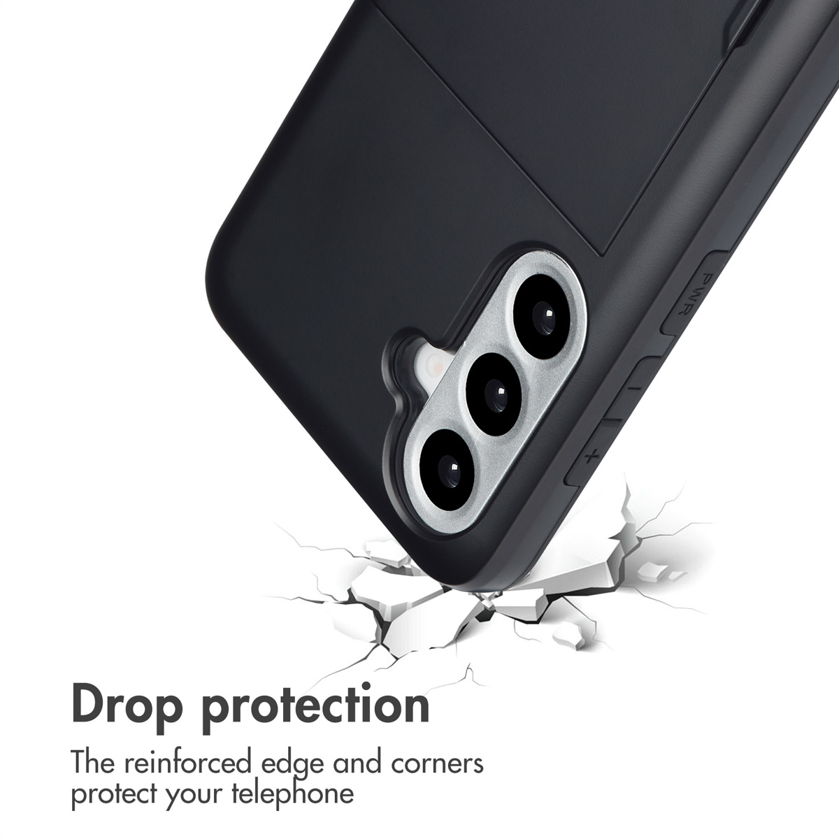 Coque de téléphone noire avec porte-cartes intégré et protection contre les chutes.