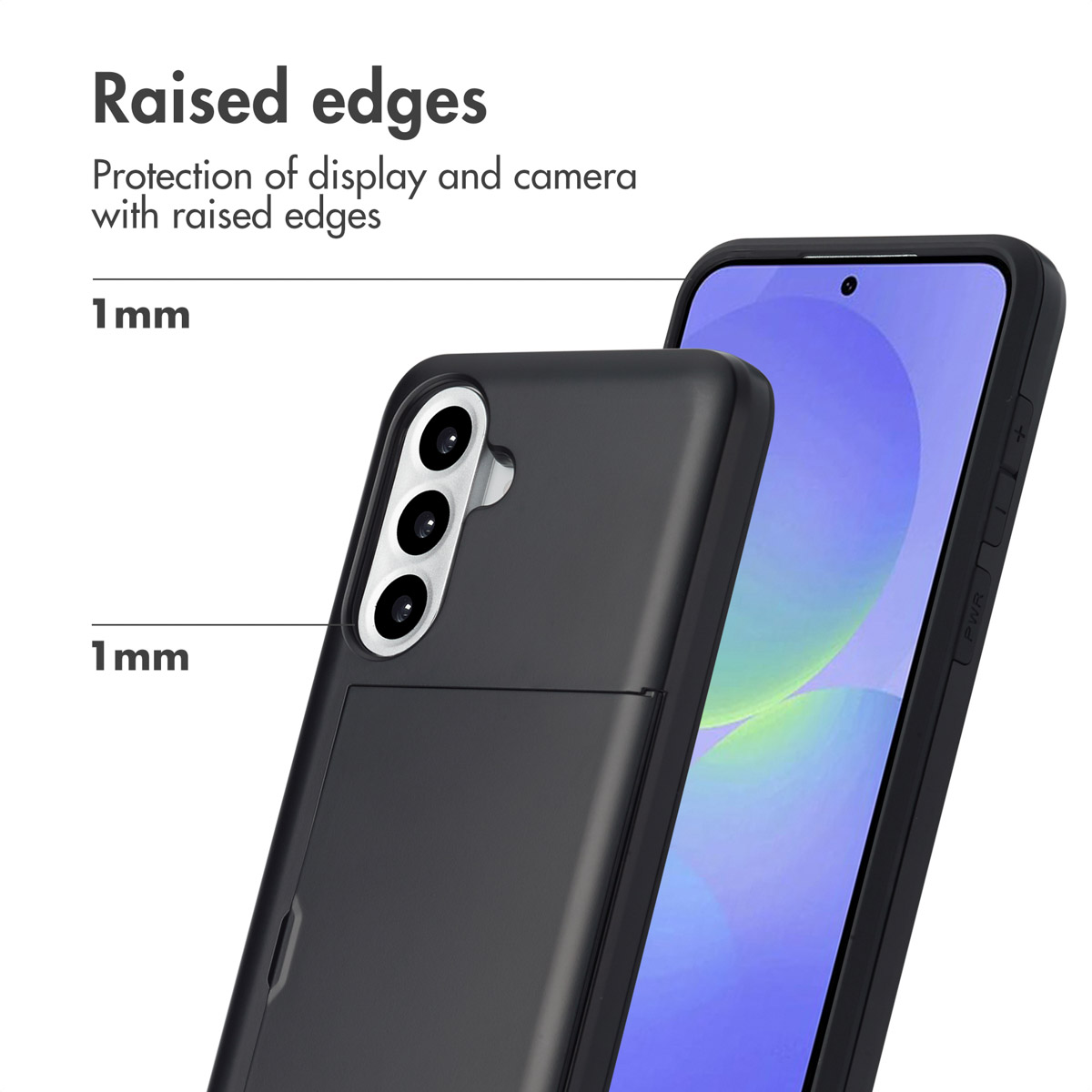 Coque de smartphone noire avec porte-cartes et bords surélevés pour la protection.
