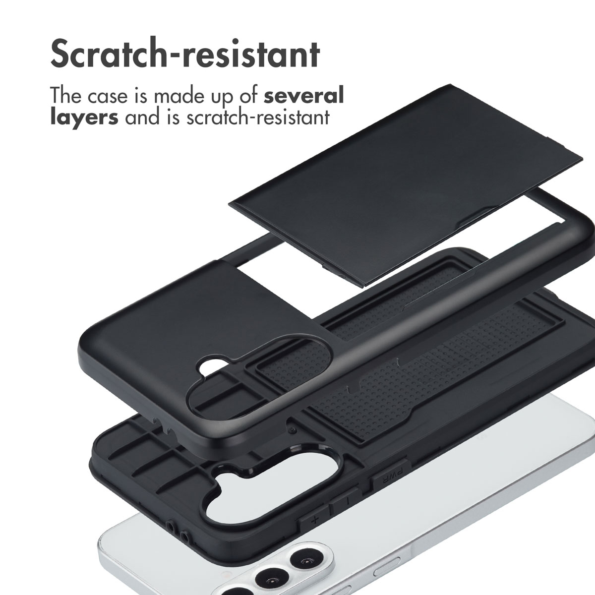 Vue éclatée d'une coque de protection multicouche résistante aux rayures au-dessus d'un smartphone.