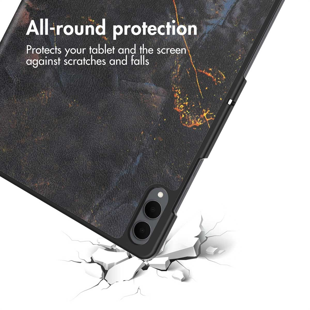Tablette dans un étui sombre sur surface fissurée avec texte All-round protection.