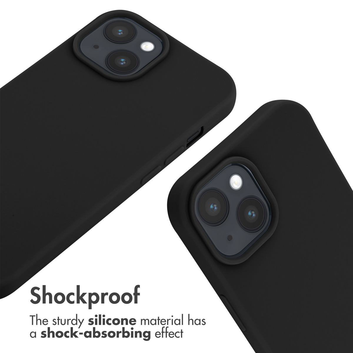 Two black smartphone cases with camera cutouts and text about shockproof silicone material.