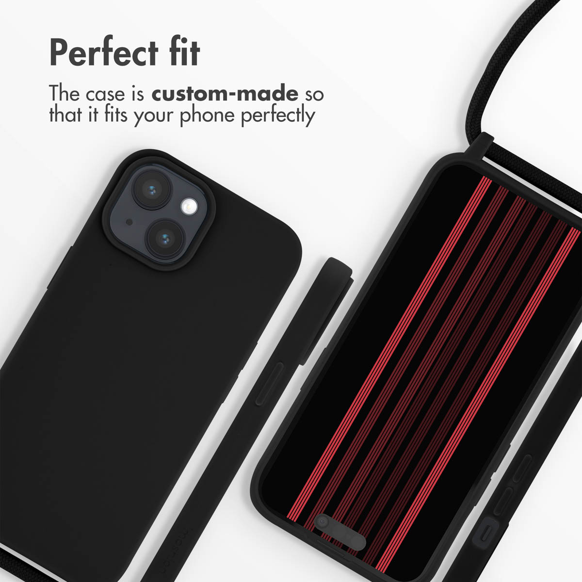 A black phone case with a strap, featuring a custom fit for a phone with a red striped screen and text above it.