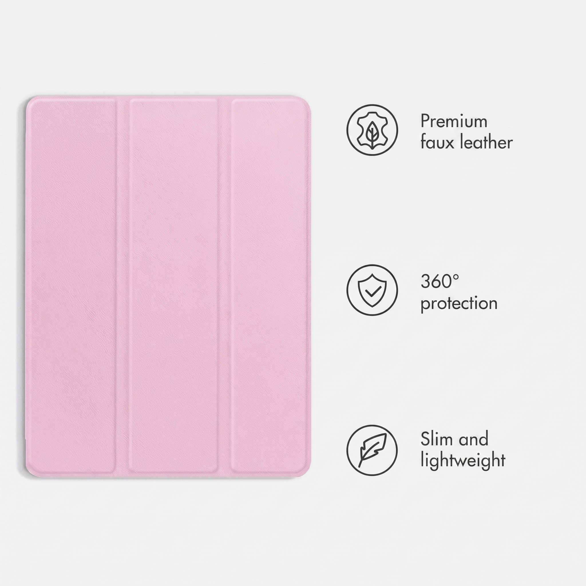 Custodia per tablet rosa con tre icone e testo su pelle sintetica, protezione e design leggero.