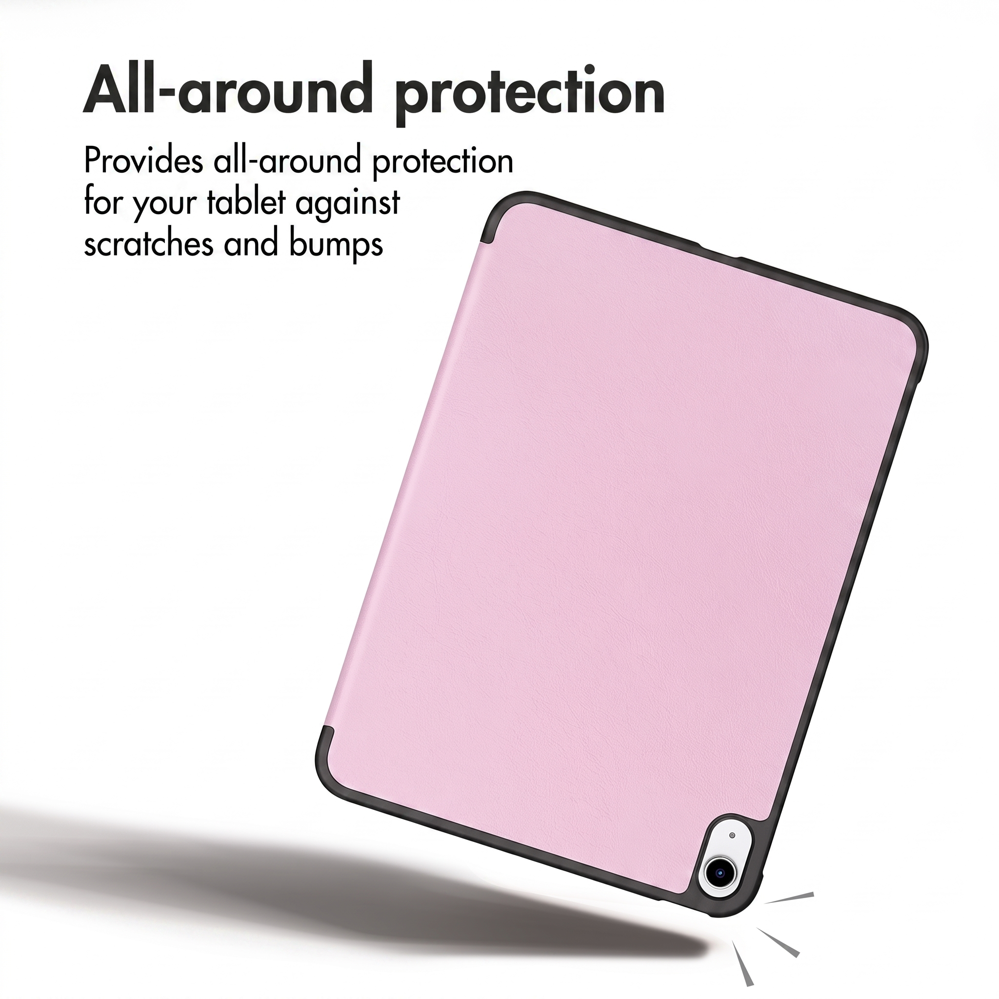 Una custodia rosa per tablet con cornice nera protegge il dispositivo. Il testo descrive la protezione.
