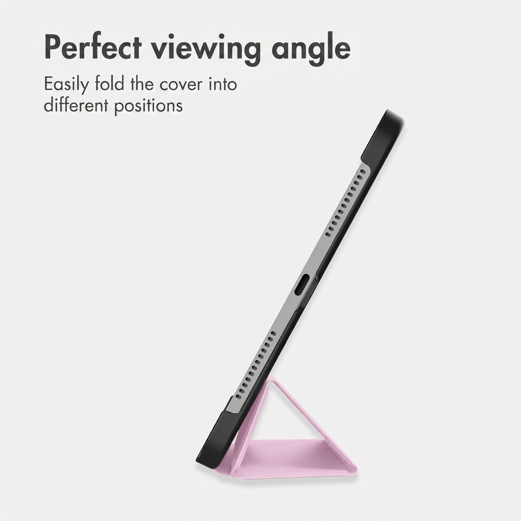 Un tablet in una custodia piegata a triangolo rosa mostra l'angolo di visione.