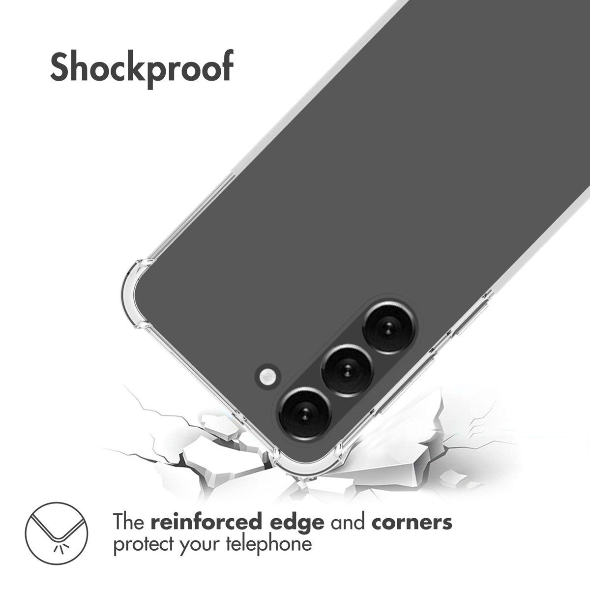 Un smartphone dans une coque transparente sur une surface fissurée, texte sur les coins renforcés.