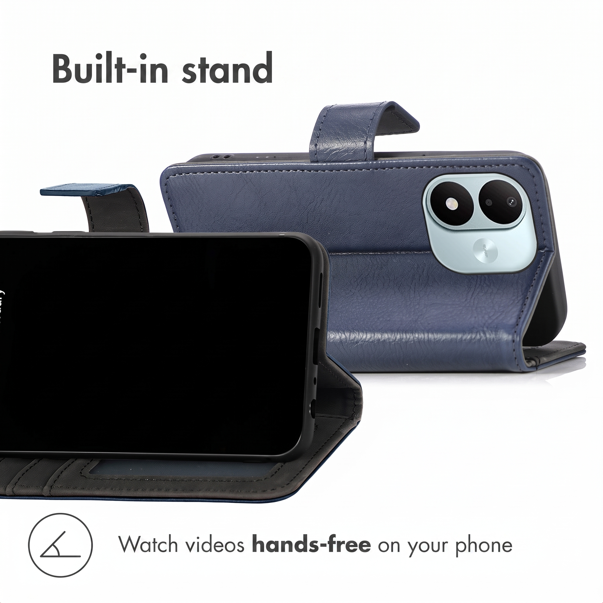 A blue leather phone case acts as a stand for a smartphone with a black screen.