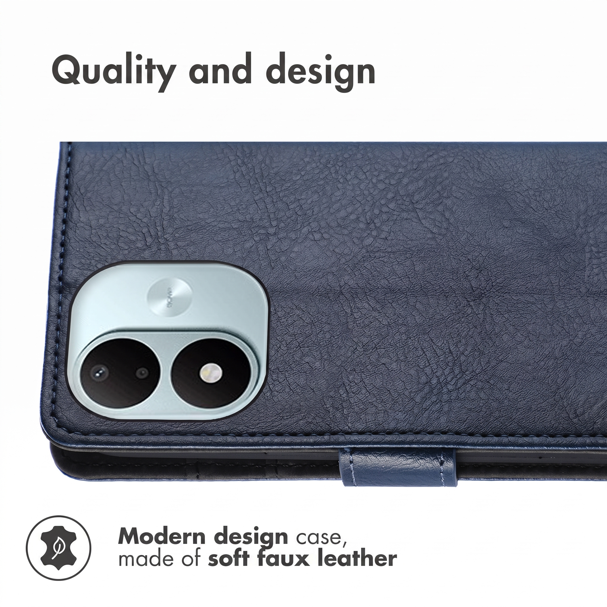 Blue faux leather phone case featuring camera cutout, text, and icons.