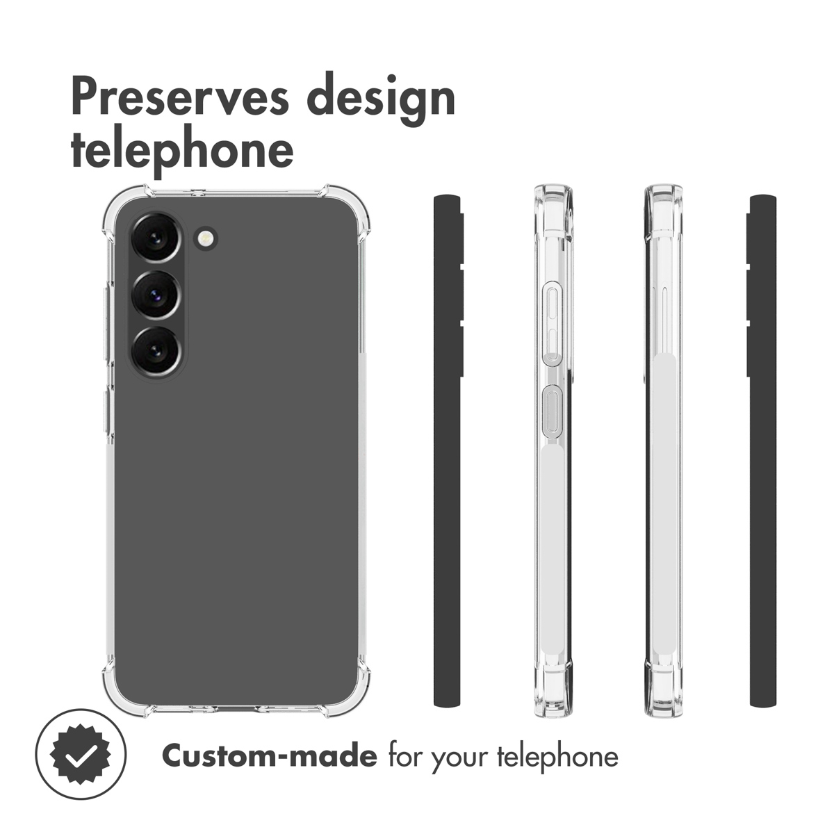 Coque de protection transparente pour smartphone avec triple capteur photo et vues sous tous les angles.