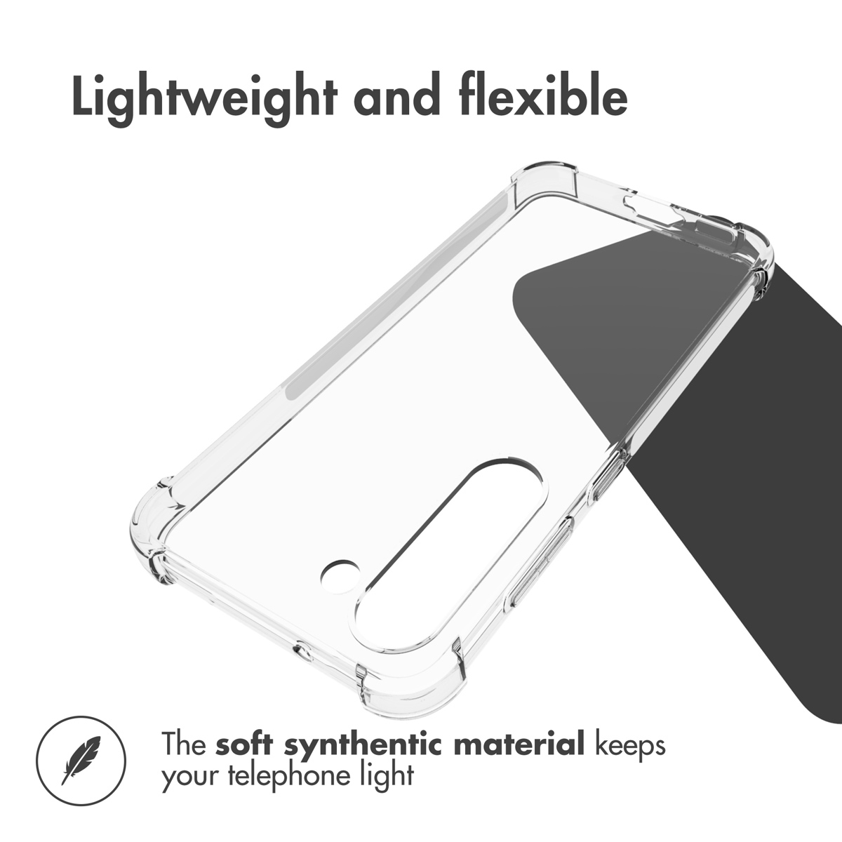 Une coque de téléphone transparente, légère et flexible avec du texte.