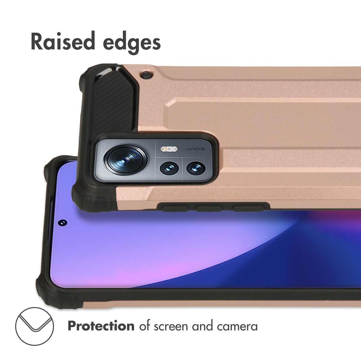 Erhöhte Kanten bieten Schutz für Bildschirm und Kamera eines rosé- und schwarzfarbenen Smartphones.