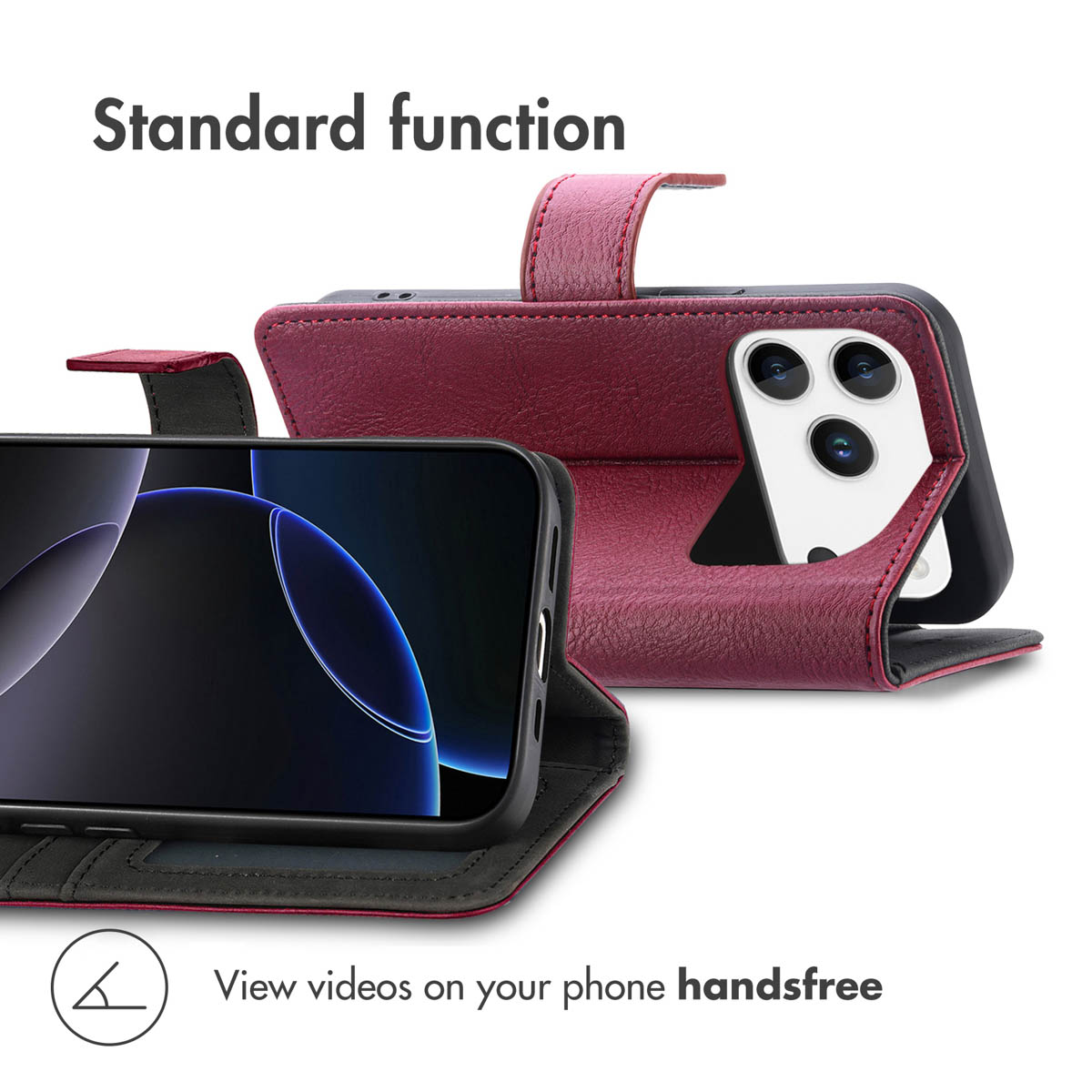 Étui de téléphone en cuir bordeaux plié pour positionner un smartphone.
