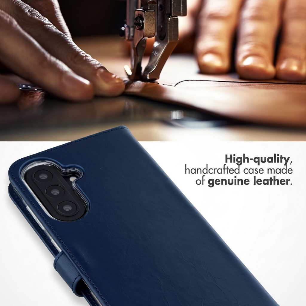 Étui de téléphone en cuir véritable bleu cousu main avec découpe caméra.